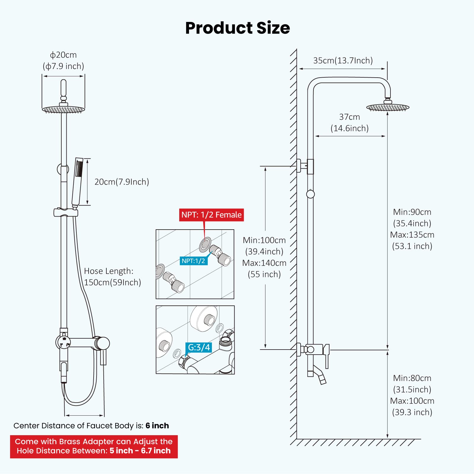 Gotonovo 8 Inch Rainfall Shower Head System - Stainless Steel SUS304 Brushed Nickel Wall Mount Shower Faucet with Hand Spray & Cylinder Handle | Exposed Shower Fixture for Modern Bathroom & Spa Experience