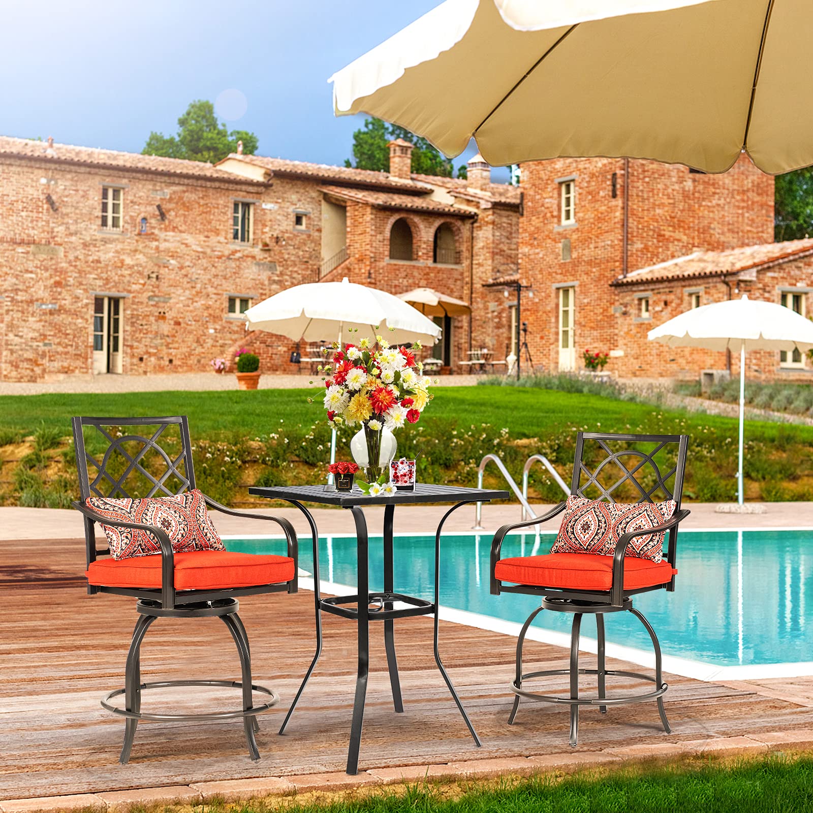 **Oakmont 3-Piece Outdoor Patio Bar Set - 2 Swivel Cushioned Chairs & 1 Bistro Table - Black Steel Slat Design - Perfect for Backyard, Garden, Poolside & Balcony**