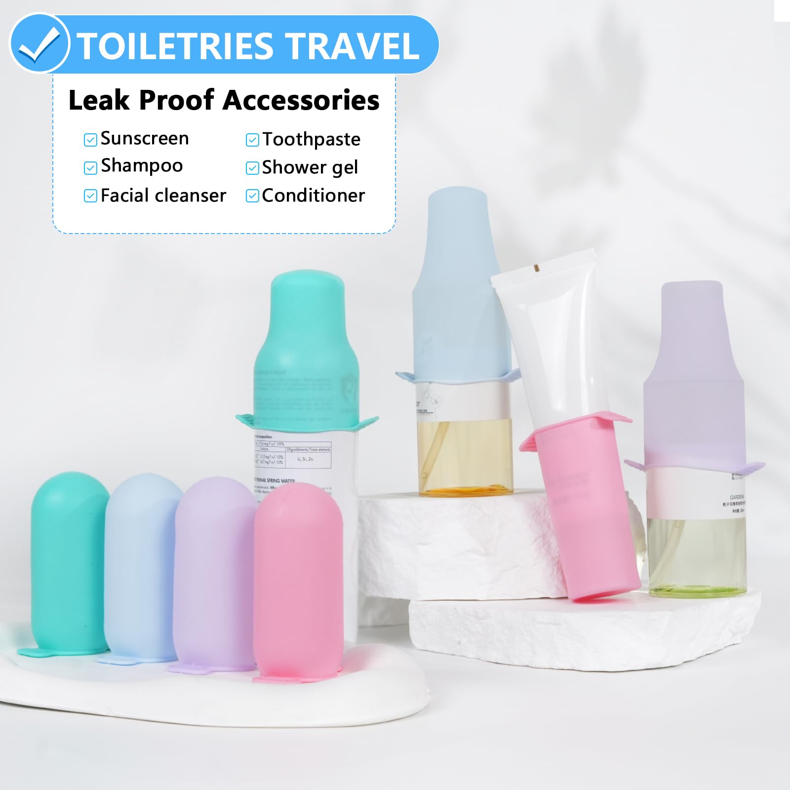 8 Pack Silicone Bottle Covers - Leak Proof Travel Toiletry Sleeves for Women | Cruise Essentials & Travel Accessories | Perfect for Airplane, Cruise Ship, and Gym Bag Organization