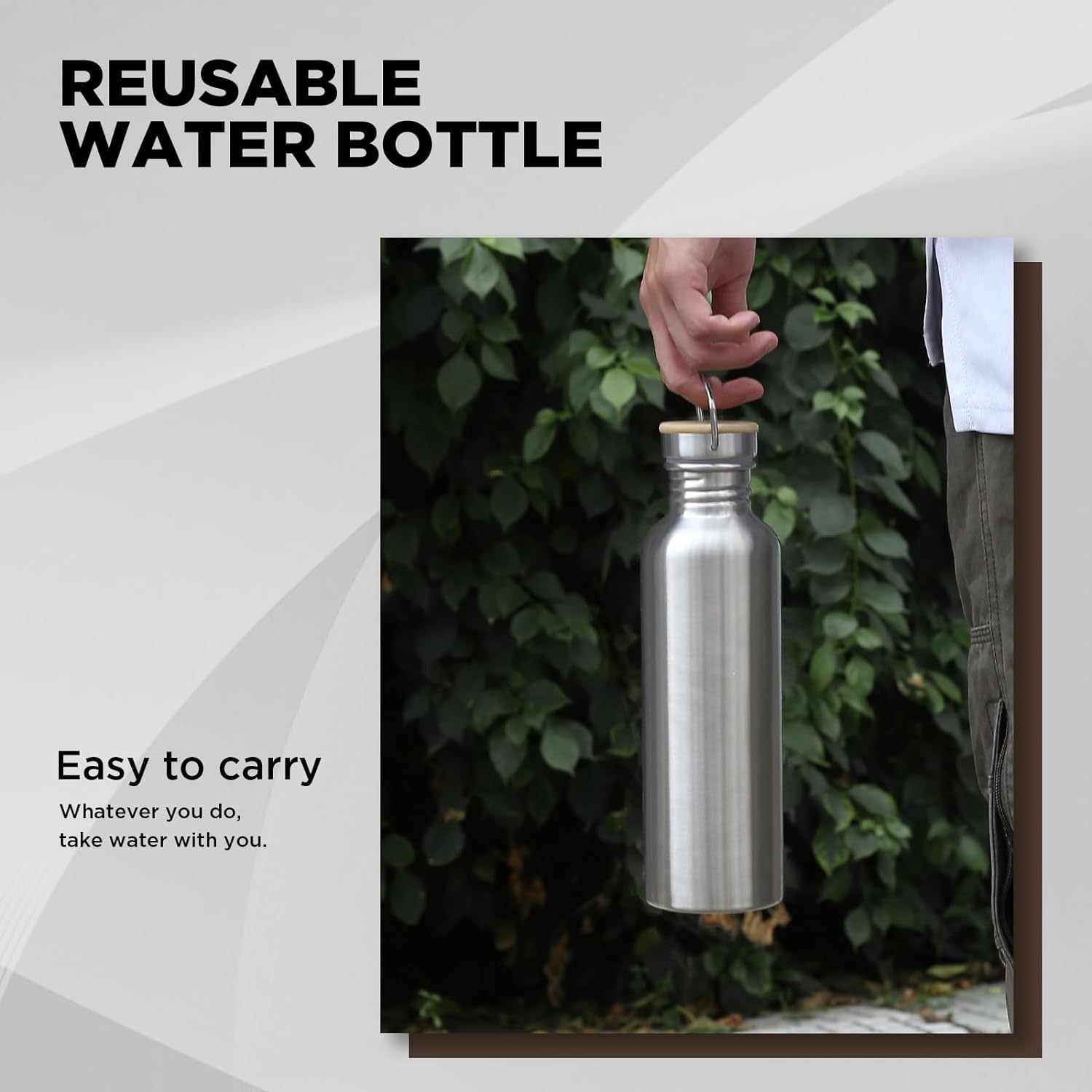 Stainless Steel Water Bottle with Bamboo Cap - 1000ml for Cycling, Running & Hiking