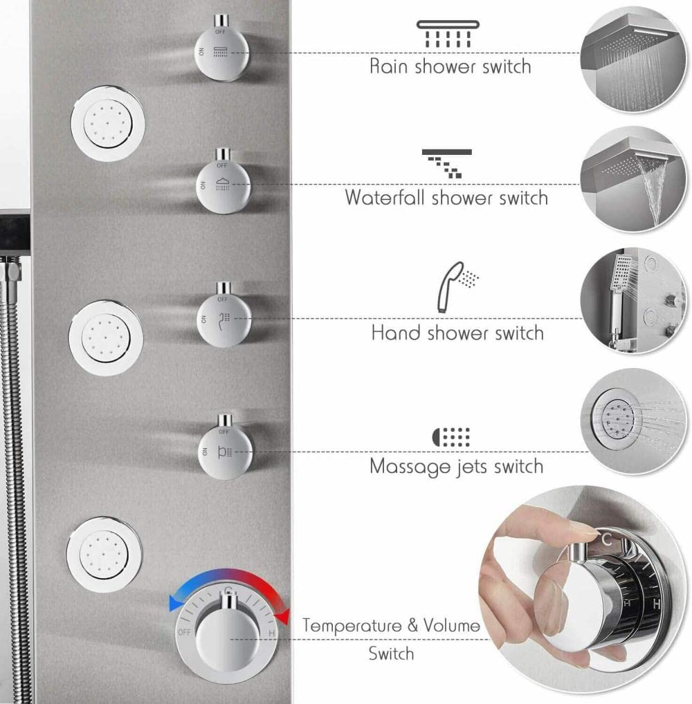 Premium Stainless Steel Shower Panel Tower System with 6-Function Rainfall Shower Head & Body Jets - Luxury Spa Experience for Master Bathroom Renovation & Relaxing Massage Shower