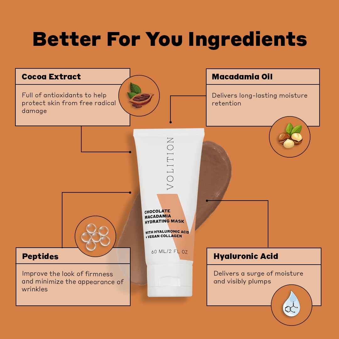 Volition Chocolate Macadamia Hydrating Face Mask - Deeply Moisturizing Facial Treatment with Hyaluronic Acid, Peptides & Vegan Collagen - Cocoa Extract for Glowing Skin (60ml / 2 fl oz) - Perfect for Dry Skin, Nighttime Routine & Spa Day Self-Care