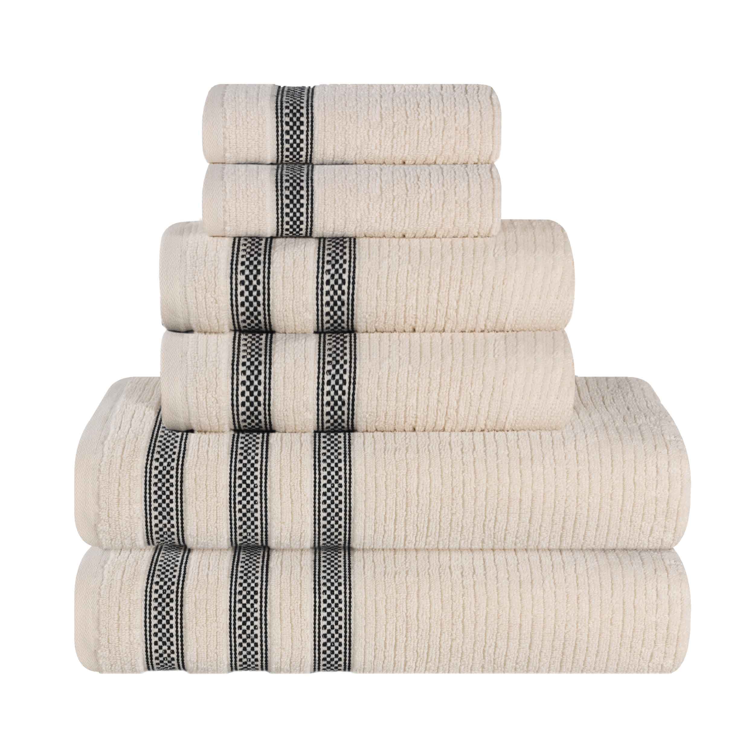 Premium 6-Piece Zero Twist Cotton Towel Set - Ultra Soft, Absorbent & Quick-Drying Bath Towels with Geometric Border Design for Spa, Bathroom & Luxury Home Decor