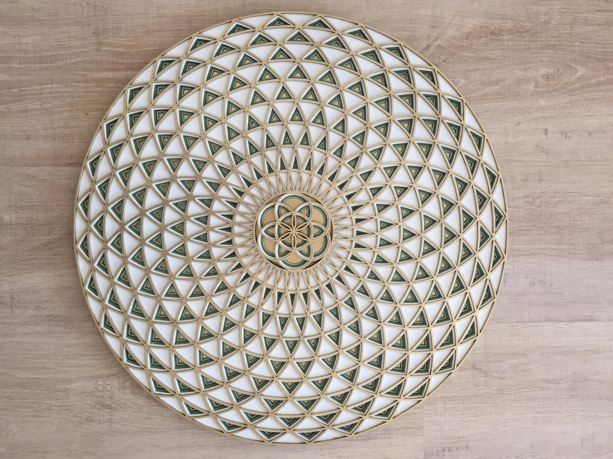 Geometric Wood Wall Art - Sacred Geometry Multilayer Wood Torus Mandala Decor - Gold & Green Wooden Home Wall Decor (48cm/18.8 inch) - Perfect for Meditation Rooms, Yoga Studios & Boho Chic Living Spaces