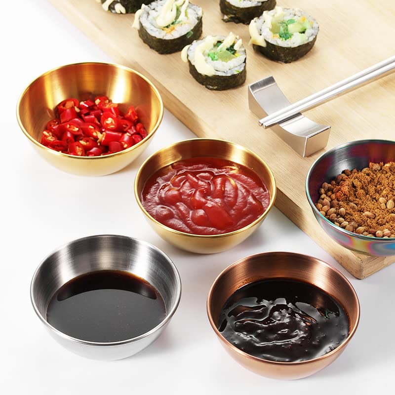 12PCS 3.46 Inch Stainless Steel Mini Sauce Bowls - Gold Round Individual Seasoning Dishes for Sushi, Dipping Sauces & Appetizers | Perfect for Restaurants, Home Dining & Party Serving
