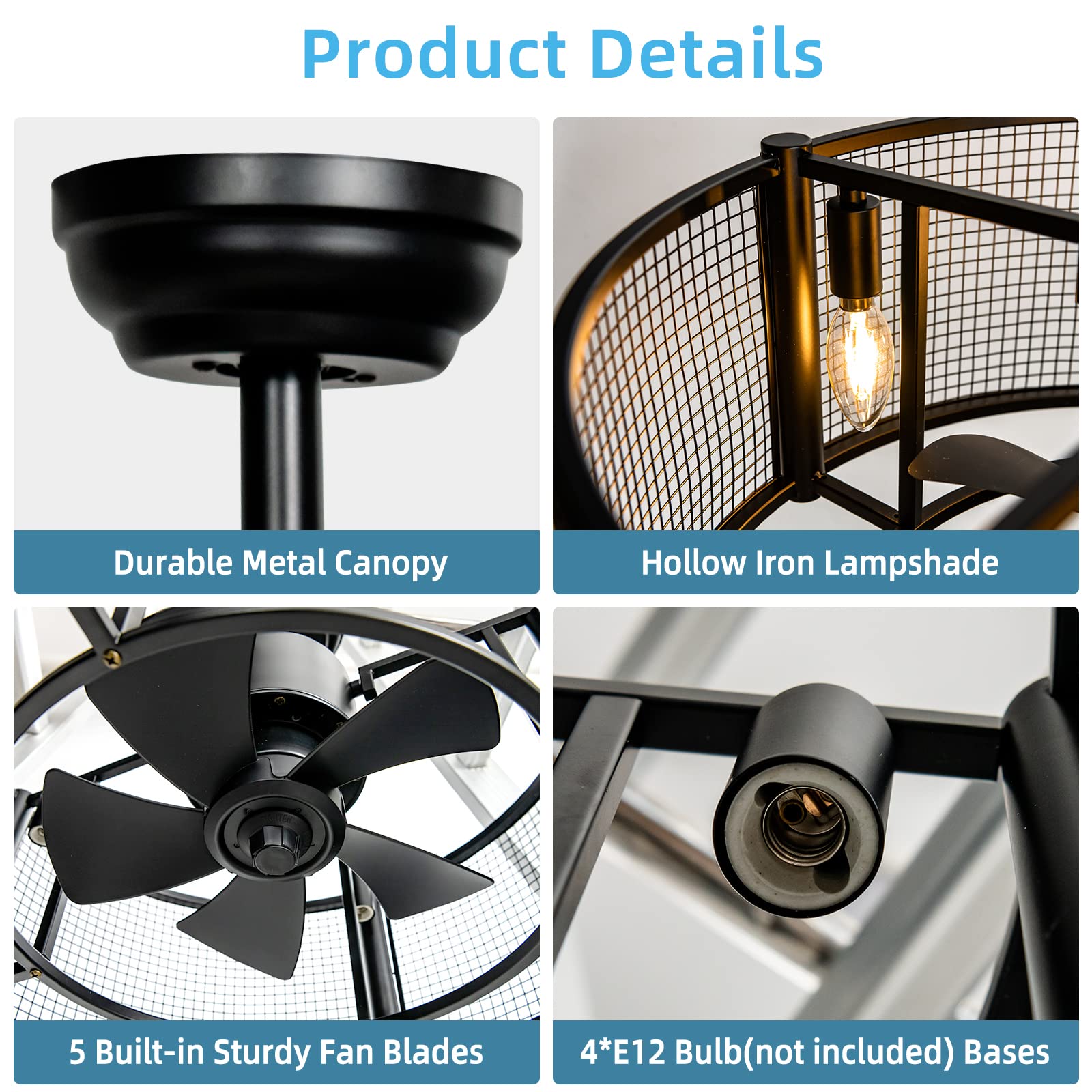 Tangkula 20 Inch Industrial Ceiling Fan with Light & Remote Control - Reversible Motor, 3 Speed Settings, Timer Function, E12 Base (Bulbs Not Included) - Perfect for Warehouse, Garage, Loft & Farmhouse (Black)