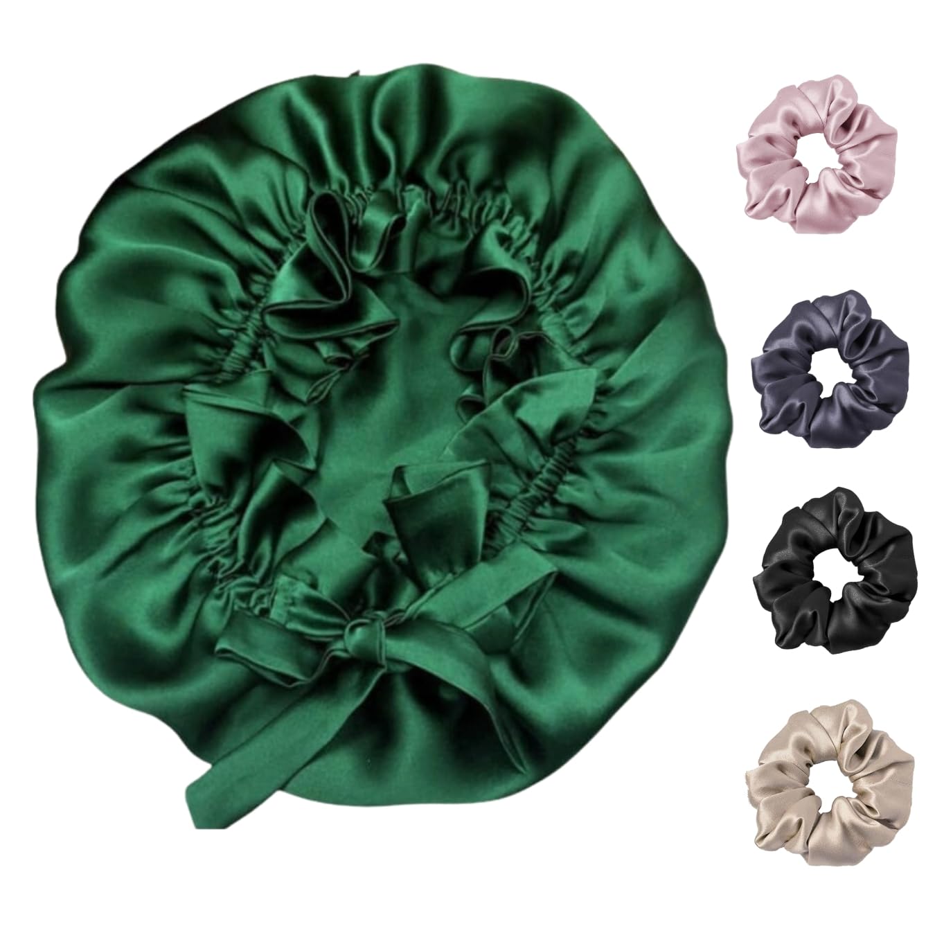 Attune Satin Silk Bonnet for Hair with 4 Premium Scrunchies - Adjustable Silk Sleep Cap for Curly & Natural Hair - Breathable Satin Hair Bonnet with Drawstring (Green) | Perfect for Nighttime Hair Protection & Styling