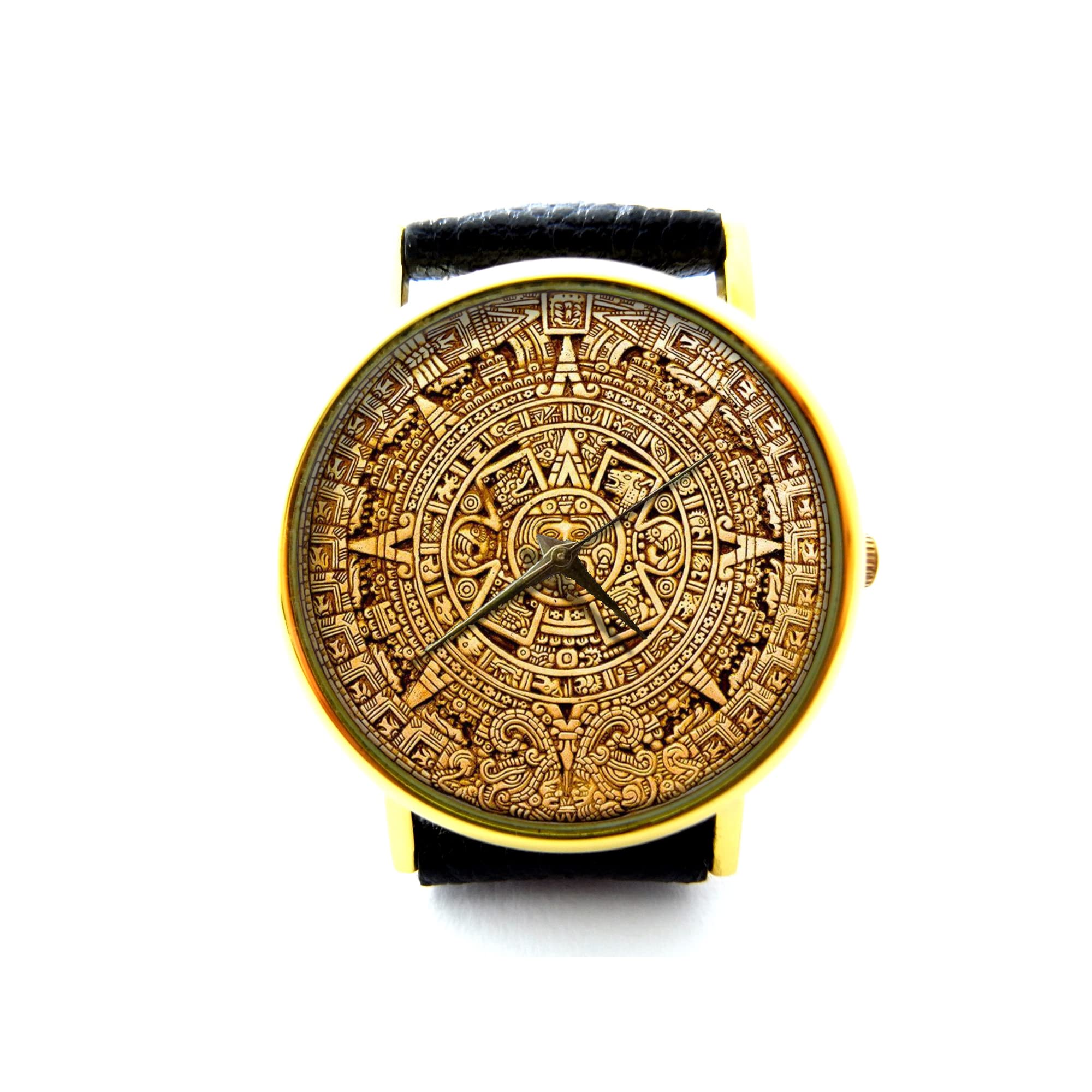 Mayan Aztec Leather Watch - Unisex Ancient Art Timepiece for Daily Wear