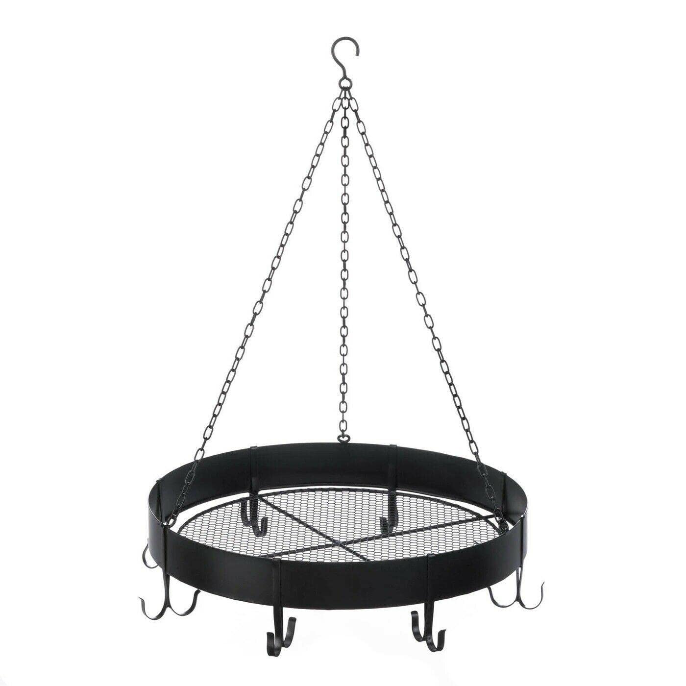 Black Small Round Metal Hanging Cooking Pot Rack - Kitchen Pan Holder & Organizer with Hooks for Pots, Pans & Utensils - Space Saving Wall Mounted Storage Solution for Small Kitchens, RVs & Camping