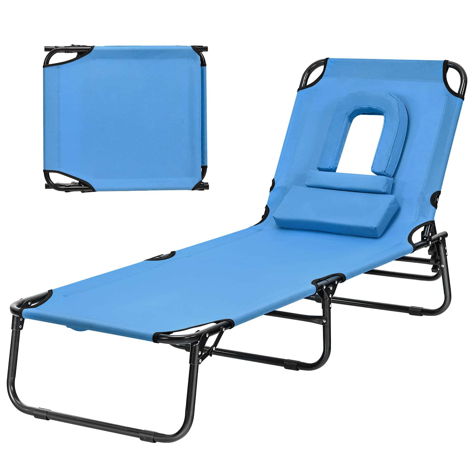 Giantex Outdoor Chaise Lounge Chair - Foldable Beach Chair with 5 Adjustable Positions, Breathable Hole Design, Detachable Pillow & Hand Ropes for Comfort | Perfect for Sunbathing, Poolside Relaxation, Backyard, Patio & Garden Use