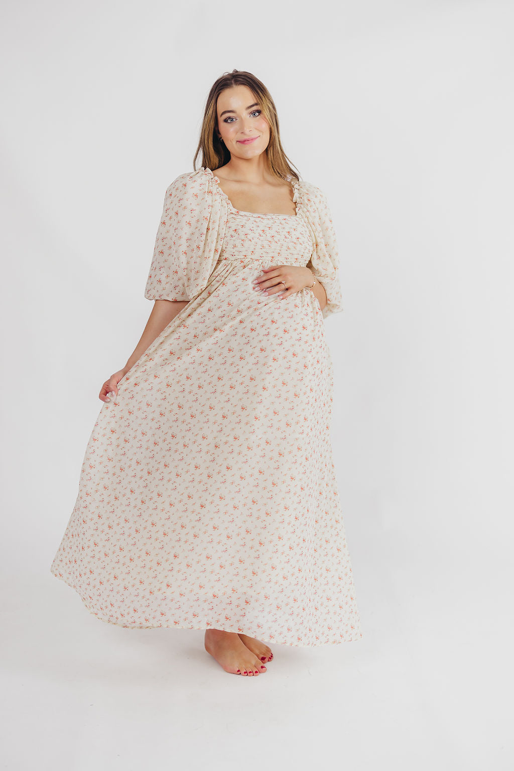 Melody Maxi Dress with Pleats & Bow Detail - Ivory Floral Print Maternity Dress | Bump Friendly & Inclusive Sizing (S-3XL) | Perfect for Weddings, Baby Showers & Summer Events