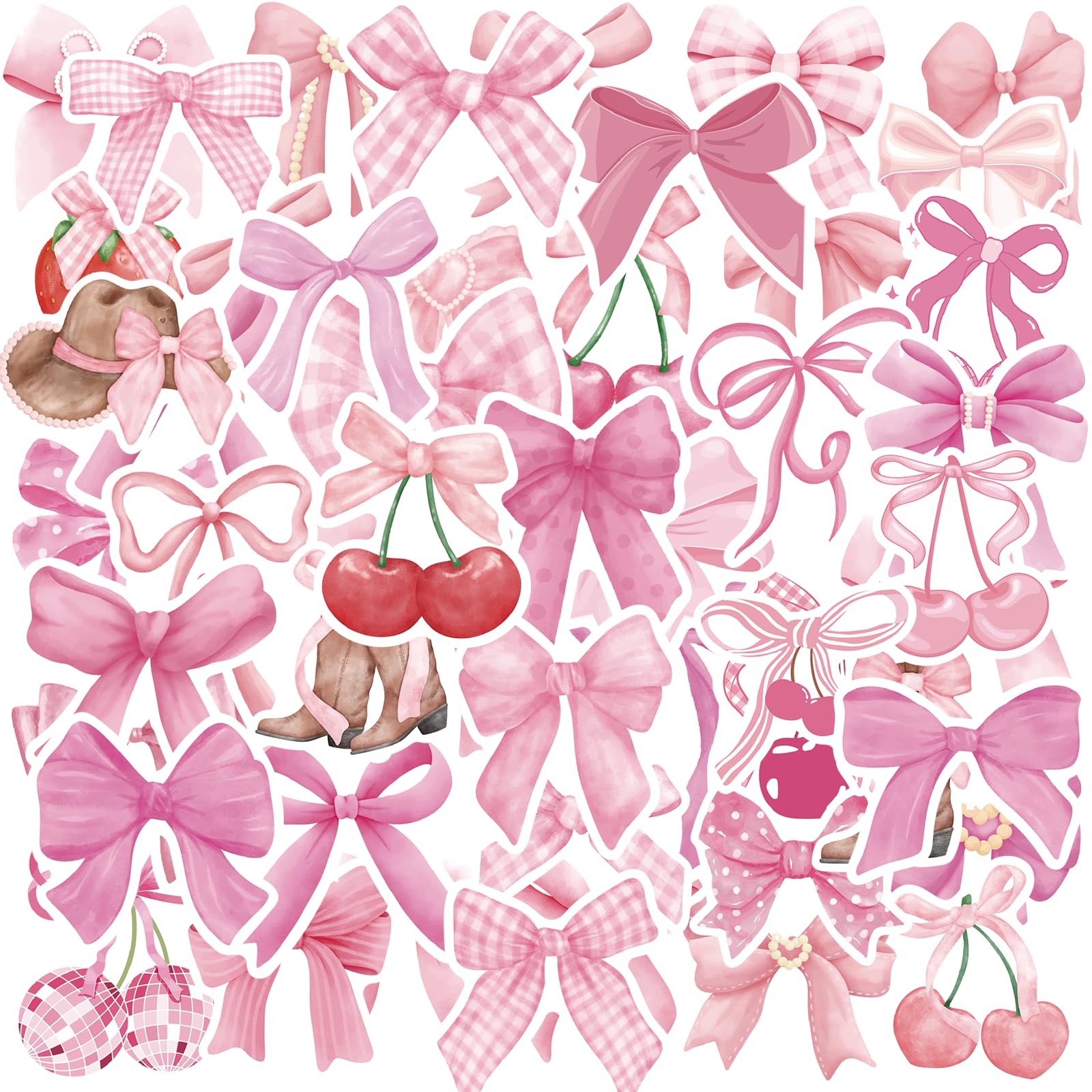 100 Pcs Pink Coquette Bow Stickers - Cute Aesthetic Y2K Cherry Cowgirl Boot Strawberry Waterproof Vinyl Decals for DIY Crafts, Water Bottles, Phone Cases & Journal Decor - Perfect for Teen Girls Room, School Supplies & Party Favors