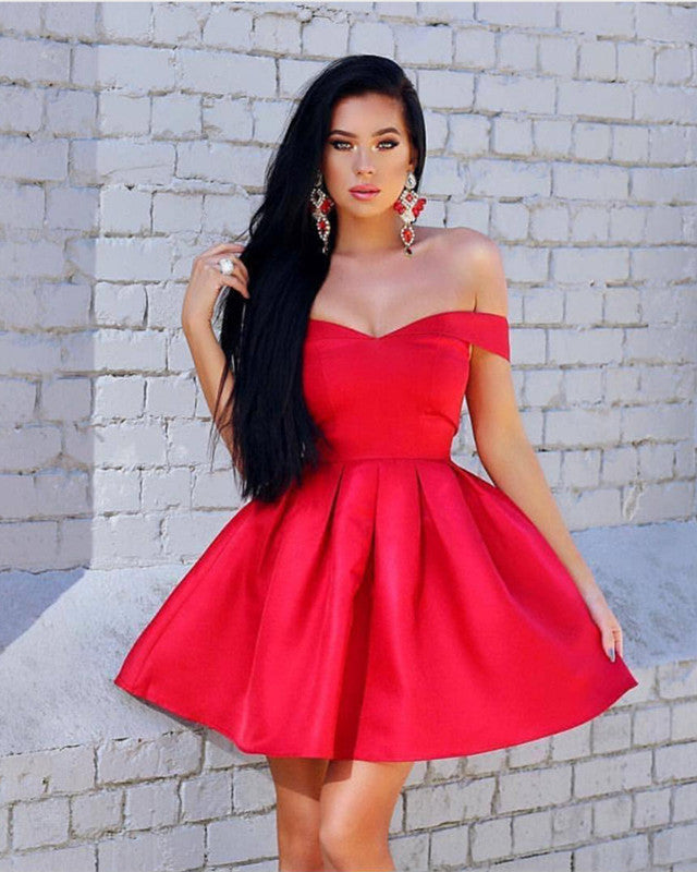 Elegant A-Line Satin V-Neck Off-The-Shoulder Short Homecoming Dress for Women - Perfect for Prom, Party, and Special Occasions