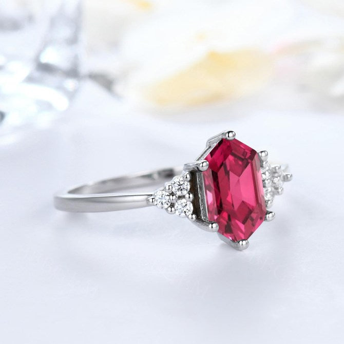 Minimalist Elongated Hexagon Lab Ruby Engagement Ring with Diamond Cluster - 7 Stones in 18K White Gold for Wedding, Proposal & Anniversary Gifts