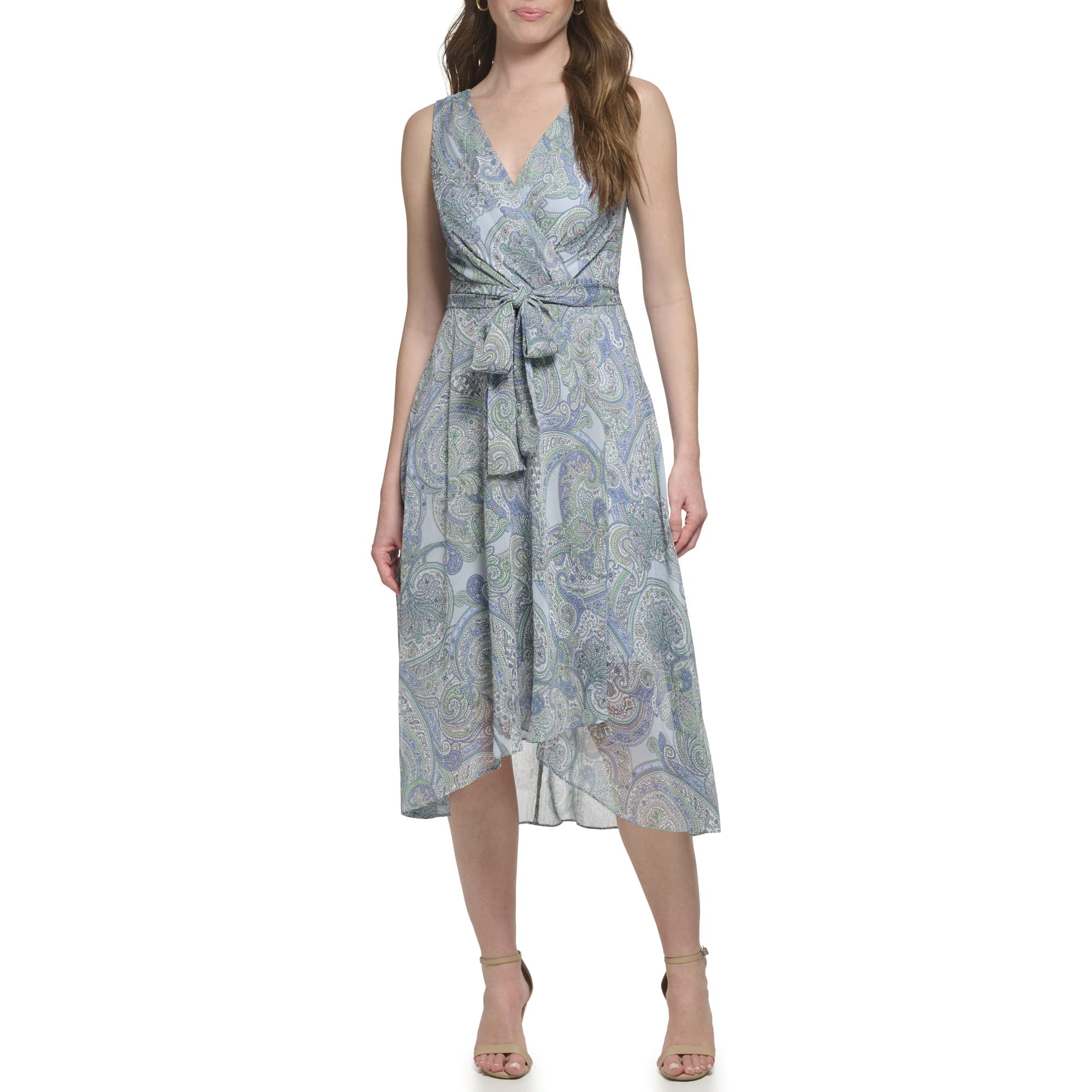 Tommy Hilfiger Women's Sleeveless Midi Dress - Faux Wrap Chiffon Summer Dress for Casual Wear & Special Occasions