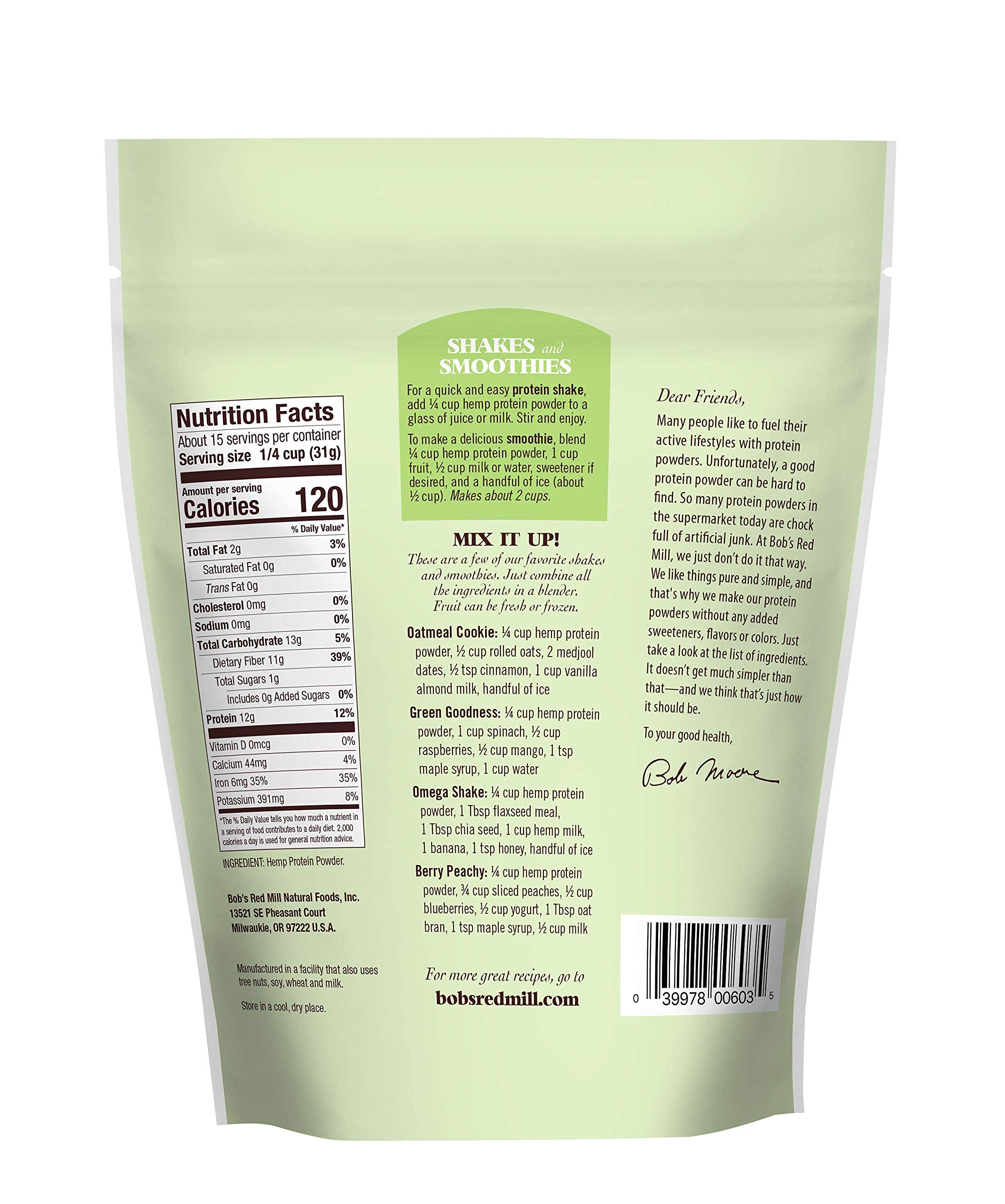 Organic Hemp Protein Powder by Bob's Red Mill - 16oz Resealable Bag (Pack of 2) | Plant-Based Protein for Smoothies, Baking & Post-Workout Recovery