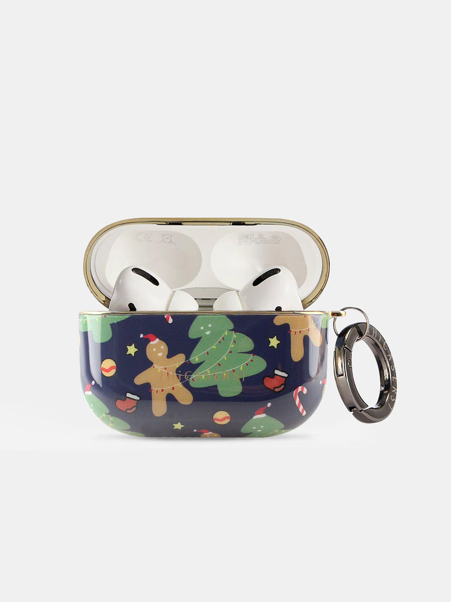 Christmas Gingerbread Man & Tree Pattern AirPods Case - Navy Blue Protective Cover for AirPods 1/2/3, Perfect Holiday Gift & Winter Accessory