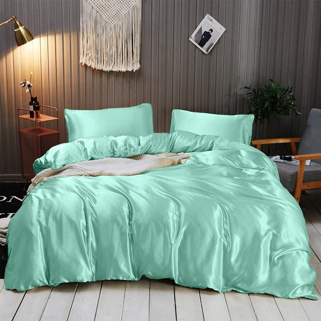 Luxury 7-Piece Silk Satin Sheet Set - Queen Size Cooling Bedding with Deep Pockets | Breathable, Wrinkle-Free & Ultra Soft | Hotel Quality Comforter Cover & Pillowcases | Perfect for Hot Sleepers & Luxury Bedroom Decor - Aqua Blue