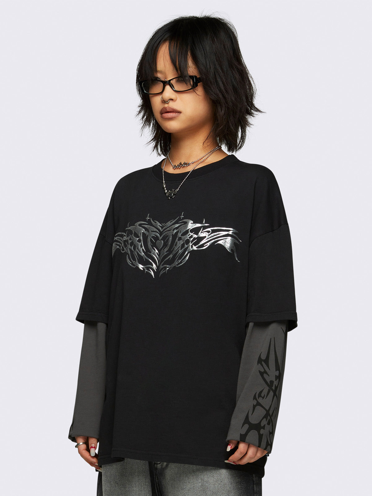 Silver Heart Layered T-Shirt for Women - Trendy Graphic Tee with Unique Design - Perfect for Casual Wear, Date Nights & Everyday Outfits