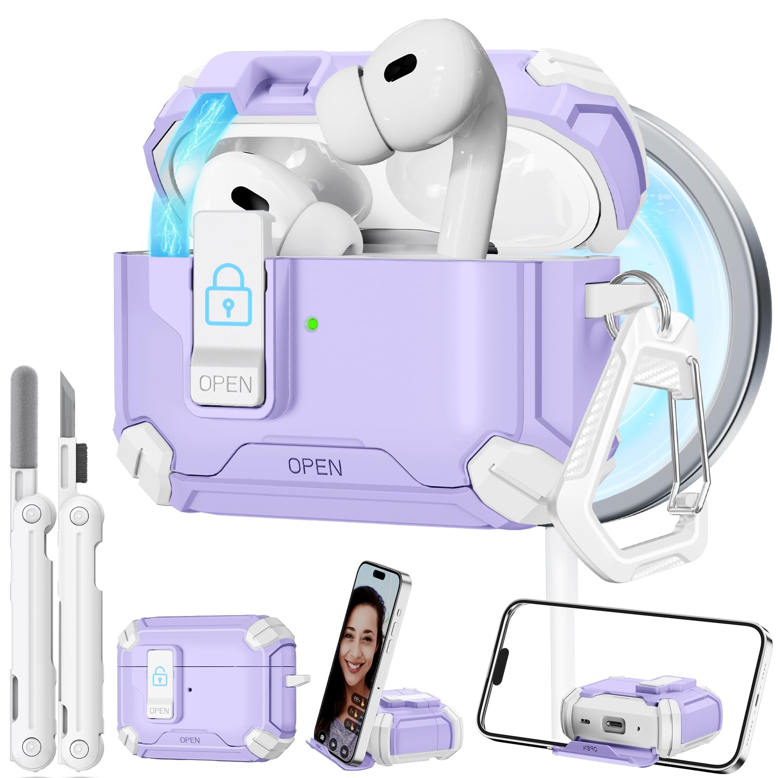 MagSafe AirPods Pro 2 Case with Stand & Cleaner - Purple for Work & Travel