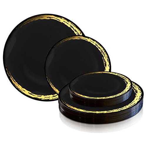 Elegant Disposable Plastic Plates - 240-Piece Round Dinnerware Set (120 Dinner Plates + 120 Salad Plates) in Black with Gold Moonlight Design for Birthday Parties, Weddings & Special Events | Perfect for Catering, Buffets & Outdoor Gatherings