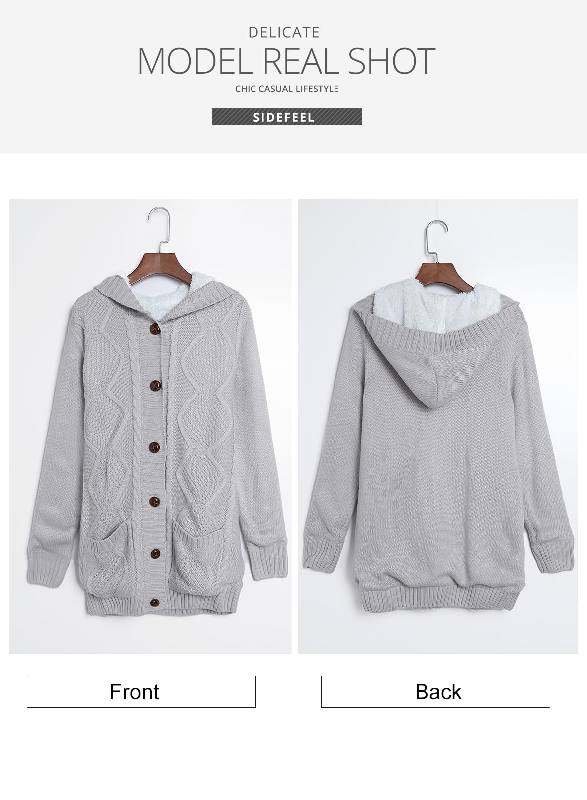 Sidefeel Women's Fleece-Lined Hooded Cardigan Sweater - Winter Warm Button Down Jacket with Pockets | Cozy Office Wear & Casual Outfit Essential
