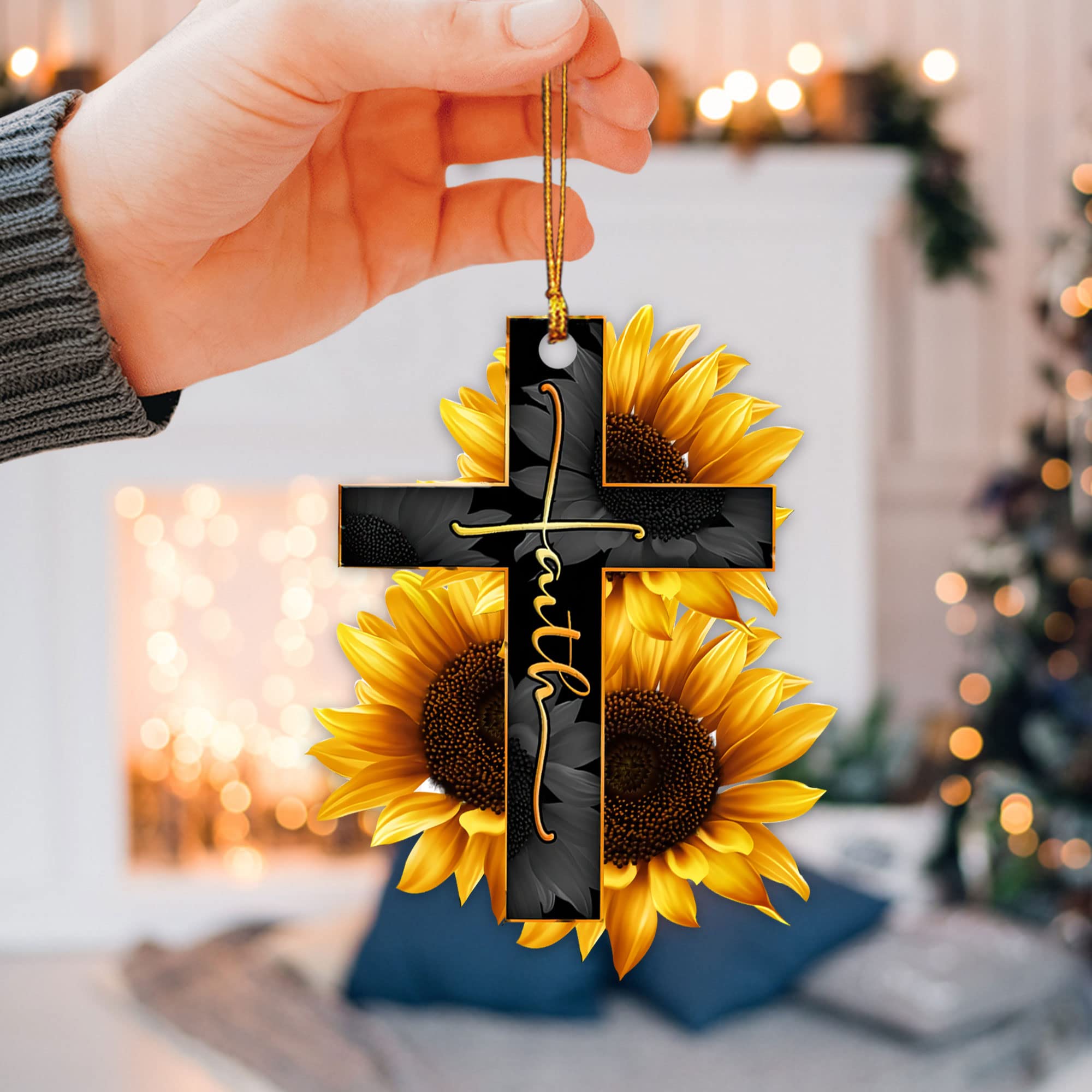 Faith-Inspired Sunflower Cross Car Rearview Mirror Charm - Christian 2D Flat Pendant Decor for Vehicles, Christmas Tree Ornament & Gift - Perfect for Daily Commute, Church Visits, and Holiday Decorations