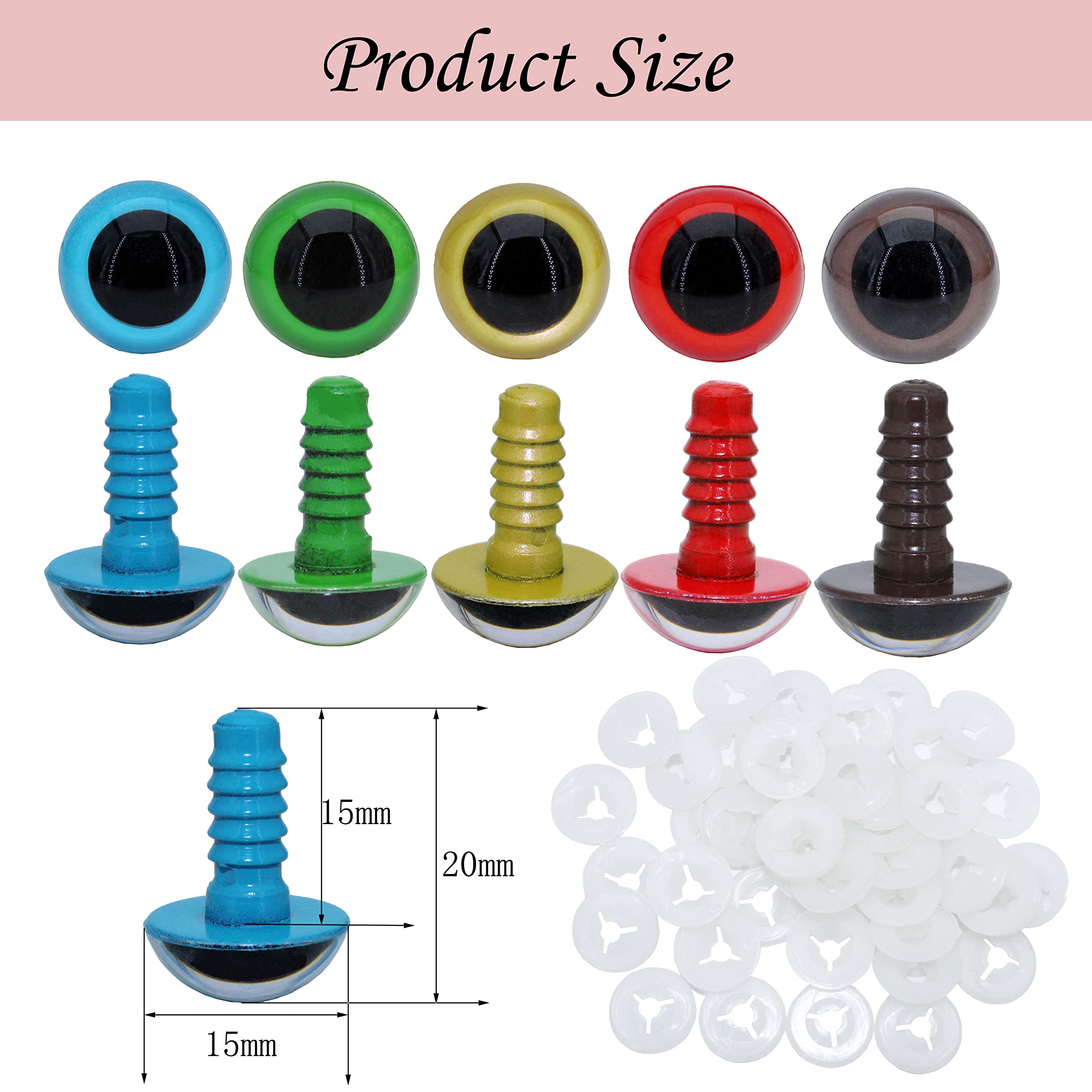 BESTCYC 70pcs 15mm Plastic Safety Eyes - 5 Color Round Craft Eyes with Washers for DIY Stuffed Animals, Puppets, Crochet Toys, Amigurumi, Bear Making & Doll Crafting Supplies