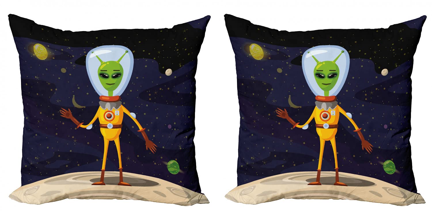 Ambesonne Alien UFO Throw Pillow Cover Set of 2 - Funny Space Creature in Spacesuit Standing on Moon with Galaxy Background - 18 Inch Zippered Double-Sided Decorative Cushion Covers for Living Room, Bedroom & Space-Themed Decor