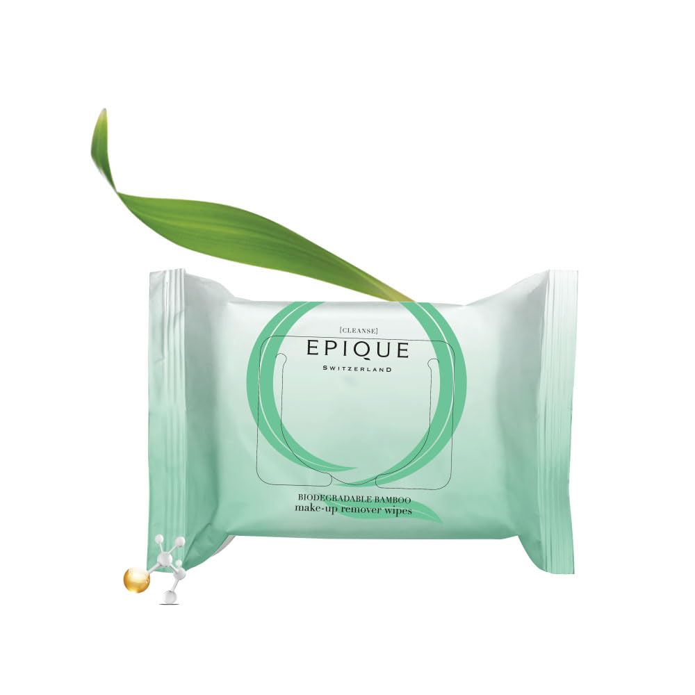 EPIQUE Biodegradable Bamboo Makeup Remover Wipes - Gentle Post-Makeup & Nighttime Skin Cleansing for Sensitive Skin | Eco-Friendly, Hypoallergenic Facial Wipes for Travel & Daily Skincare Routine