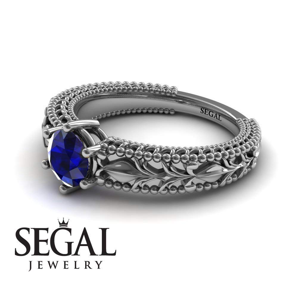 14K White Gold Victorian Art Deco Engagement Ring with Sapphire - Unique Antique Jewelry for Weddings, Anniversaries & Special Occasions