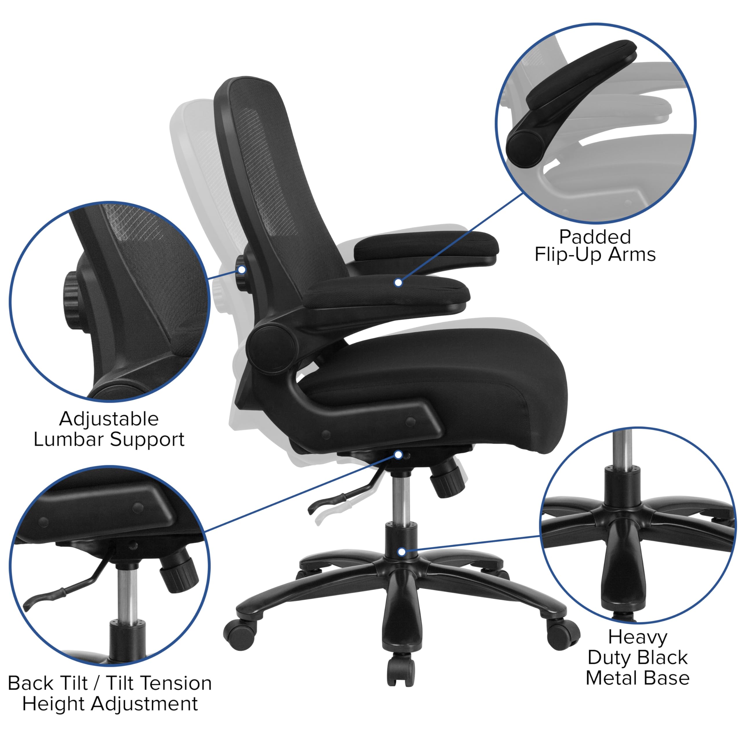 Flash Furniture Big & Tall Ergonomic Mesh Office & Gaming Chair with Lumbar Support, Adjustable Height & Flip-Up Armrests - Black - Perfect for Long Work Hours & Intense Gaming Sessions