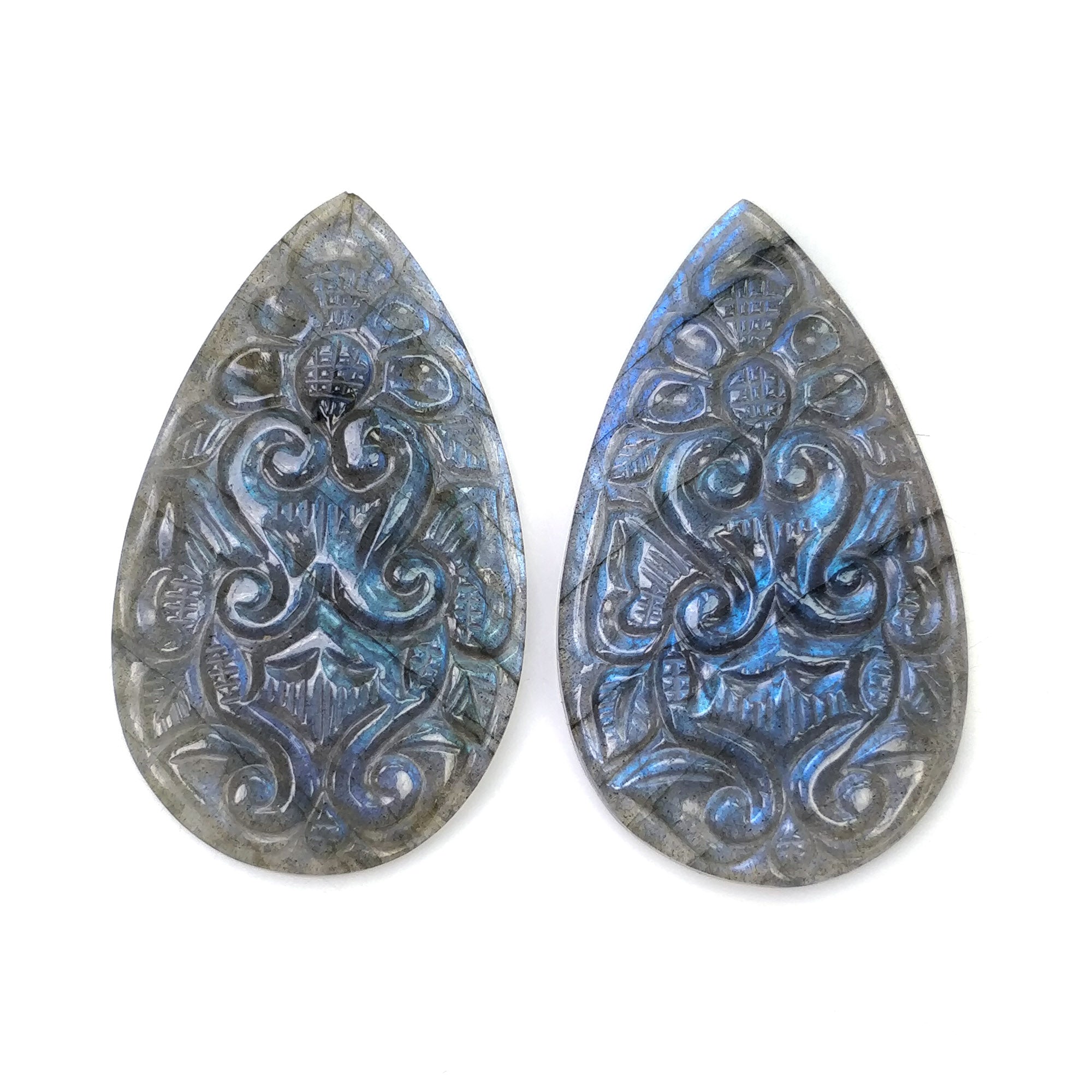 Natural Untreated Blue Labradorite Gemstone Carving - 70.00cts Hand Carved Pear Shape 41x24mm Pair | Genuine Labradorite Jewelry Making Stone | Perfect for Pendants, Earrings & Spiritual Healing (Includes Video)