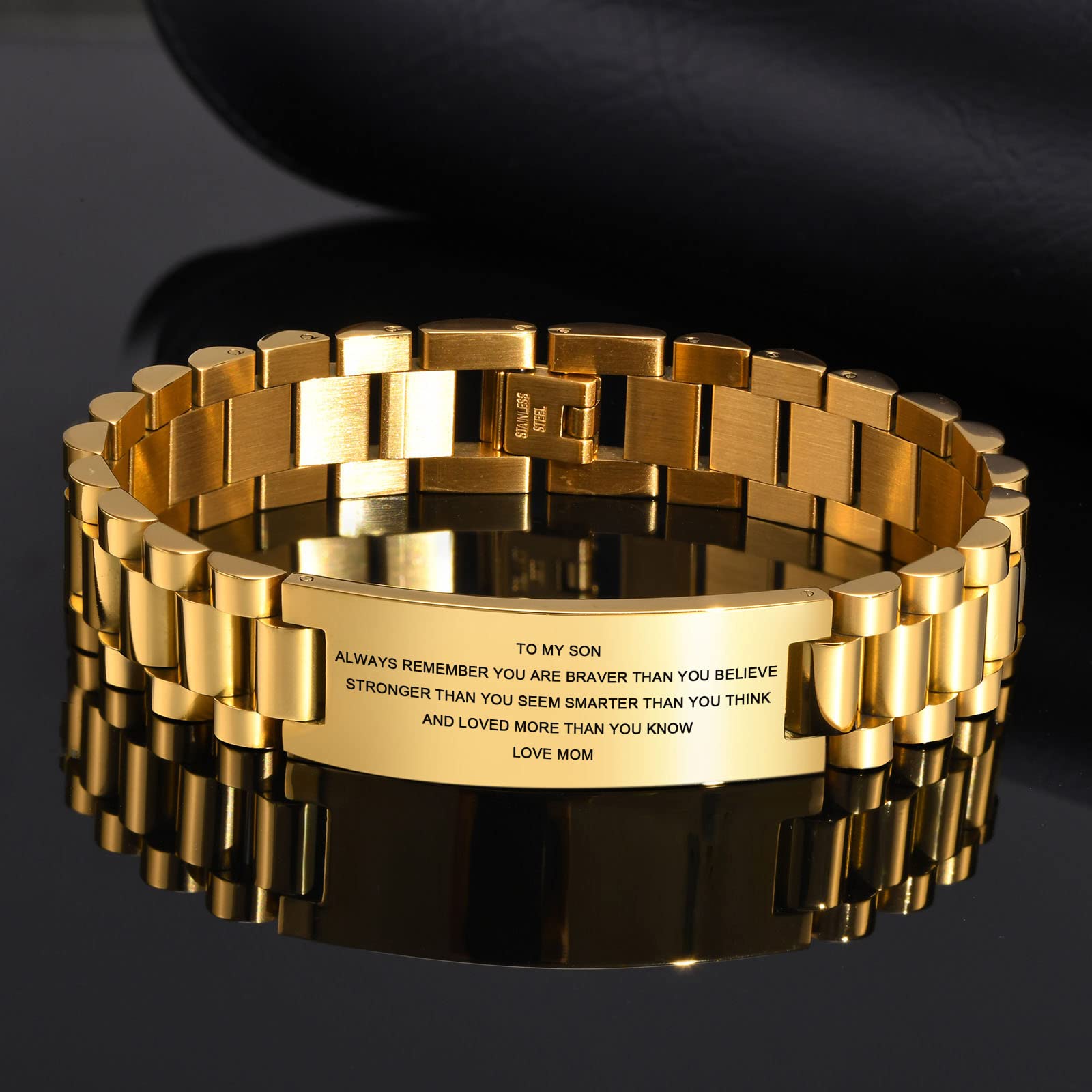 MEALGUET Inspirational Stainless Steel Bracelet for Son - Customizable Courage Link Wristband from Mom & Dad, Perfect Birthday, Graduation Gift Idea for Boys, Ideal for Everyday Wear & Special Occasions