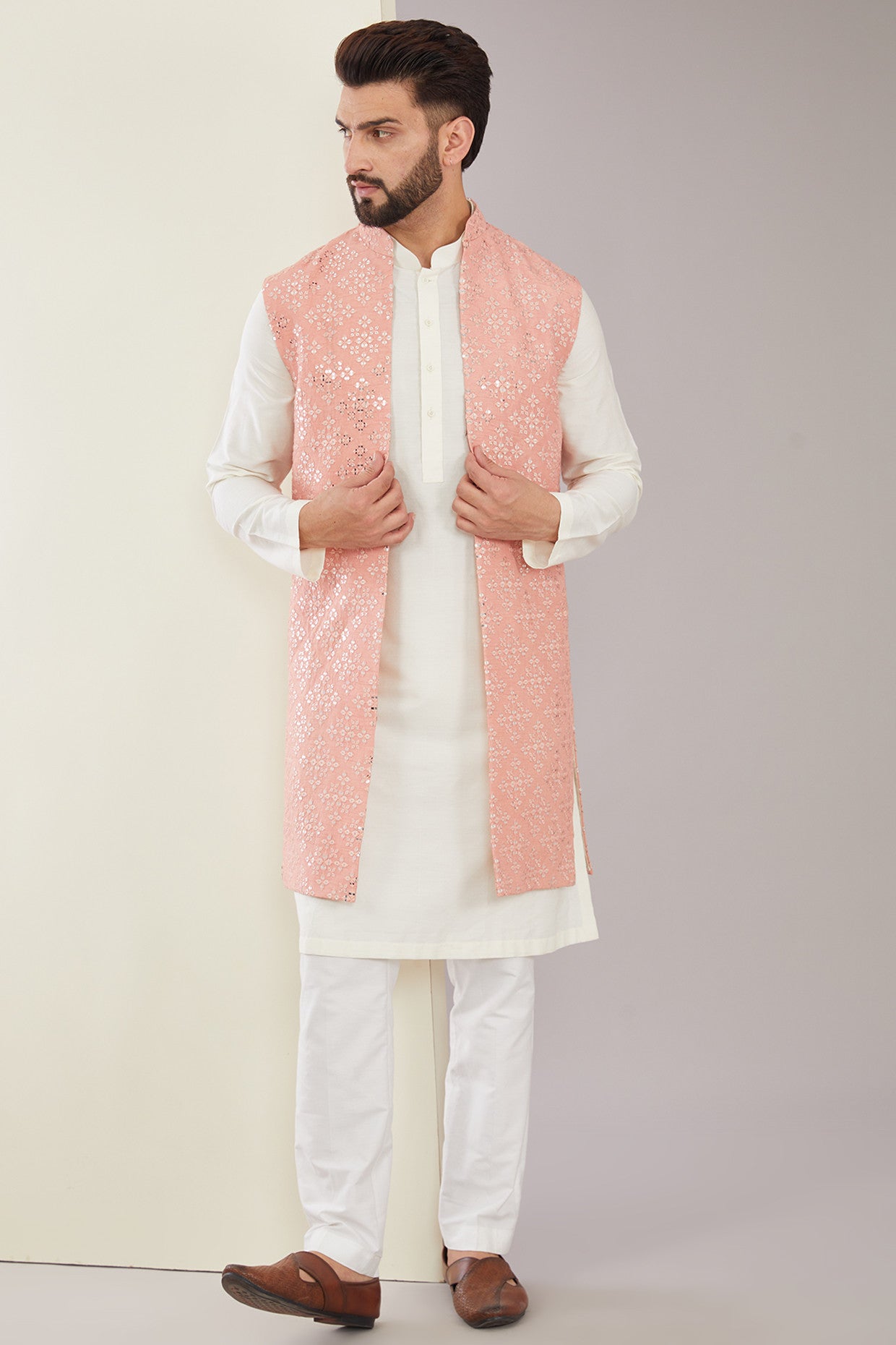 Elegant Peach Mirror Work Long Open Shrug - Boho Chic Embroidered Cover-Up for Women | Perfect for Weddings, Beach Parties & Summer Festivals