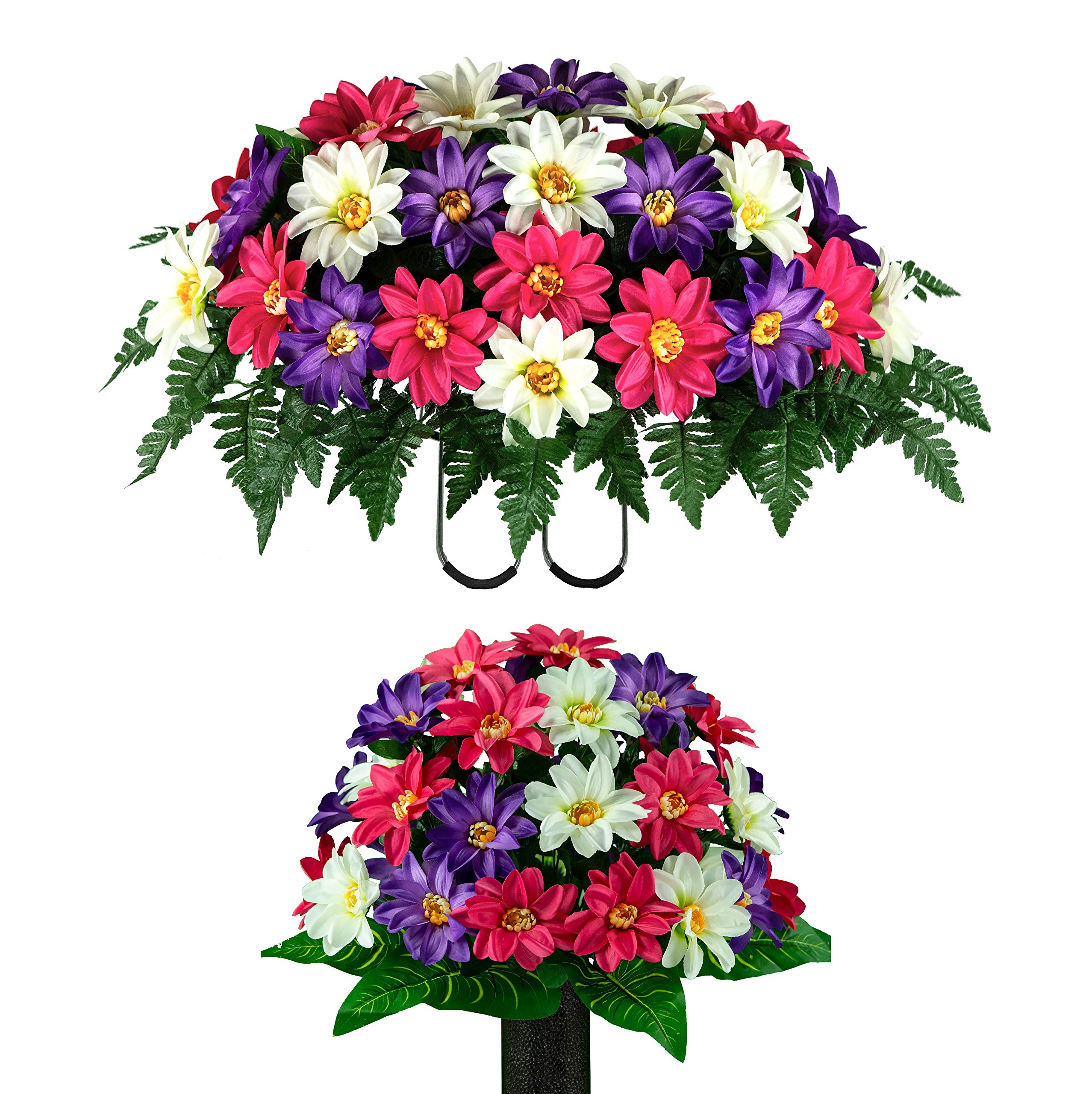 Realistic Sympathy Silks Artificial Cemetery Flowers - Outdoor Grave Decorations - Non-Bleed Colors - Pink White Purple Dahlia Bouquet with Matching Headstone Saddle - Perfect for Memorials, Funerals & Grave Markers