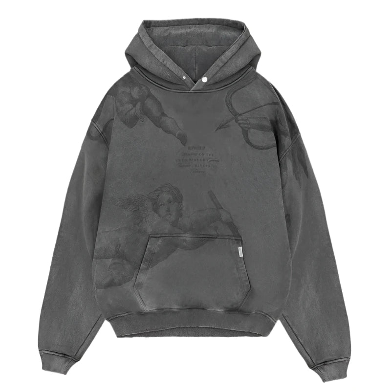 Vintage Grey Cherub All Over Print Hoodie - Soft Unisex Pullover Sweatshirt for Casual Wear, Street Style & Loungewear