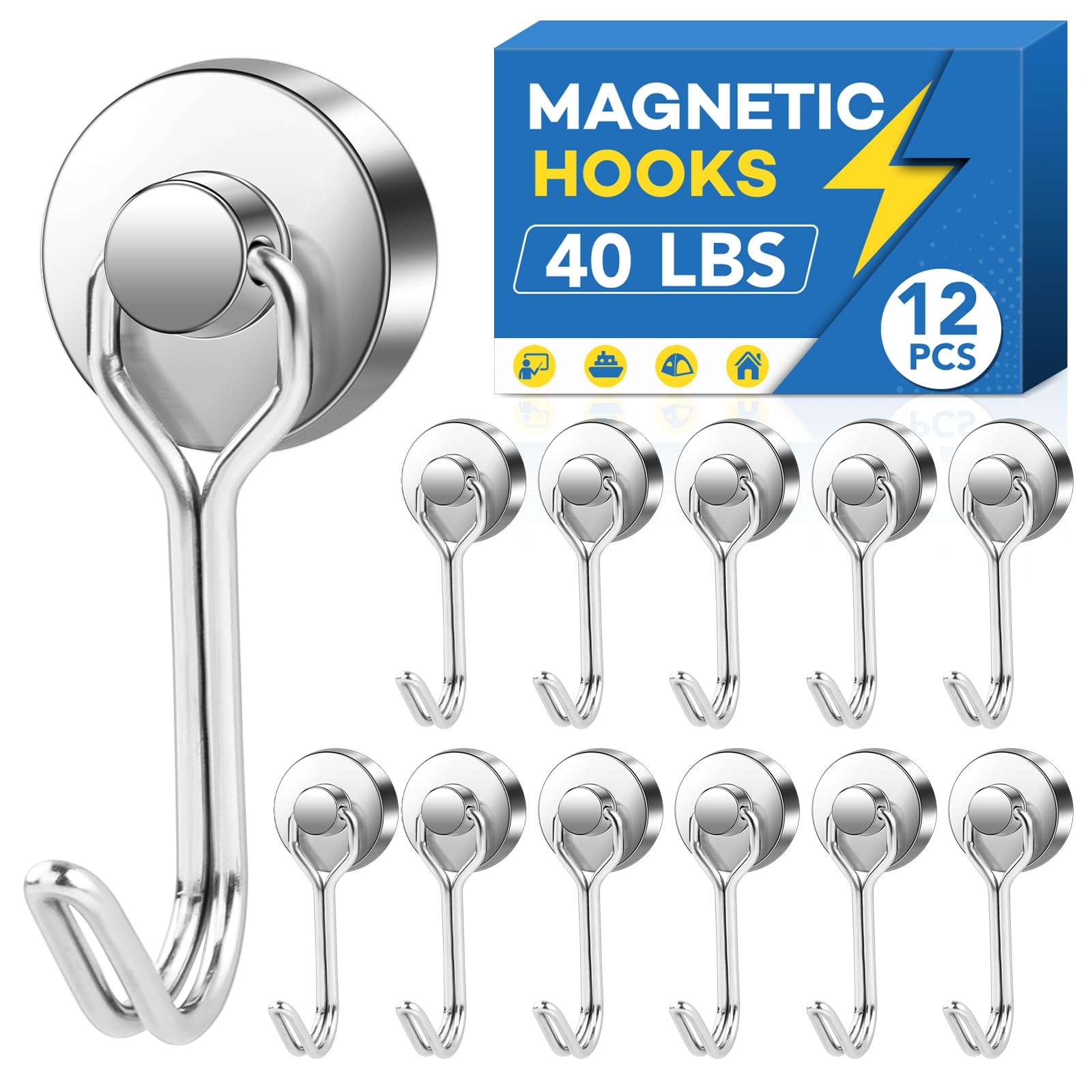 LOVIMAG 12-Pack Magnetic Hooks - Heavy Duty for Garage, Fridge & Travel