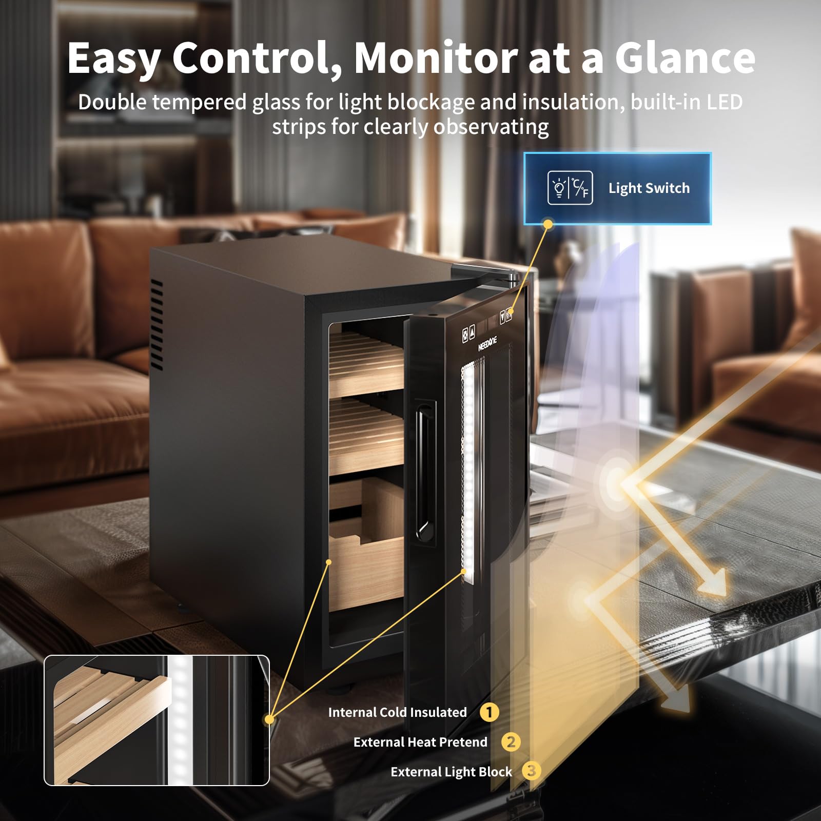 NEEDONE 23L Pro Electric Cigar Humidor with Smart Humidity, Heating & Cooling Control - Thermostatic Cabinet for 150 Cigars, Spanish Cedar Wood Shelves & Drawer, Built-in Hygrometer - Perfect for Home, Office or Man Cave - Ideal Gift for Men & Cigar Enthusiasts