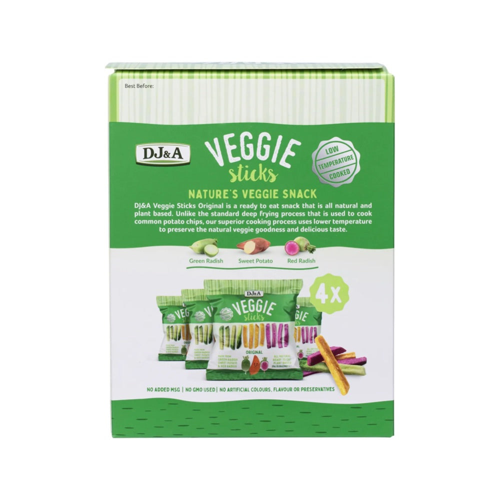 DJ&A Original Veggie Sticks Snack - 4 Pack (4x25g) | Healthy Crunchy Vegetable Chips | Perfect for School Lunches, Office Snacks & Road Trips
