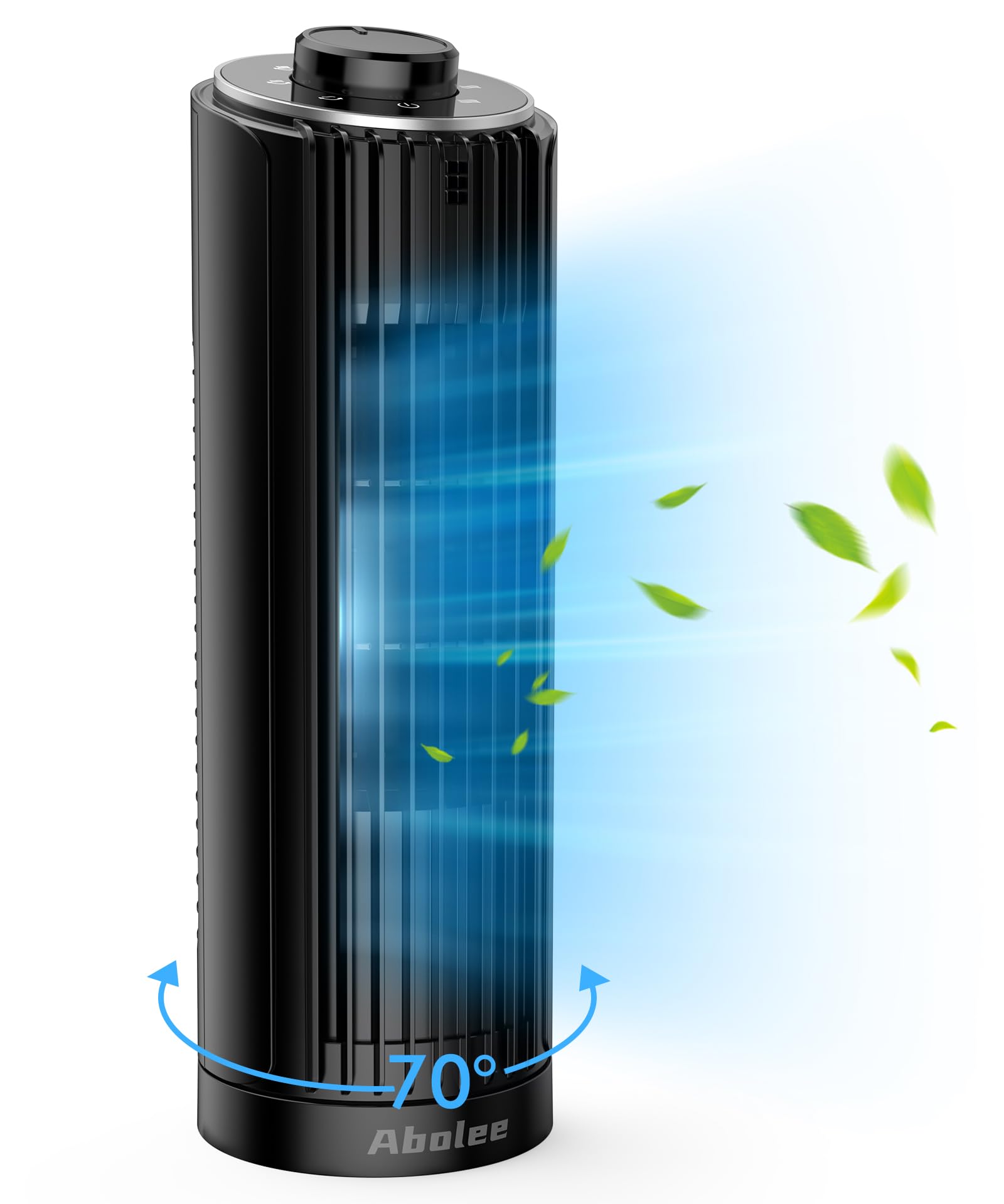 Abolee 13 Inch Bladeless Tower Fan - 23ft/s High Velocity Desk Fan with 70° Oscillation, 3 Speed Modes for Bedroom, Home & Office (Black) | Perfect for Cooling, Air Circulation & White Noise in Small Spaces
