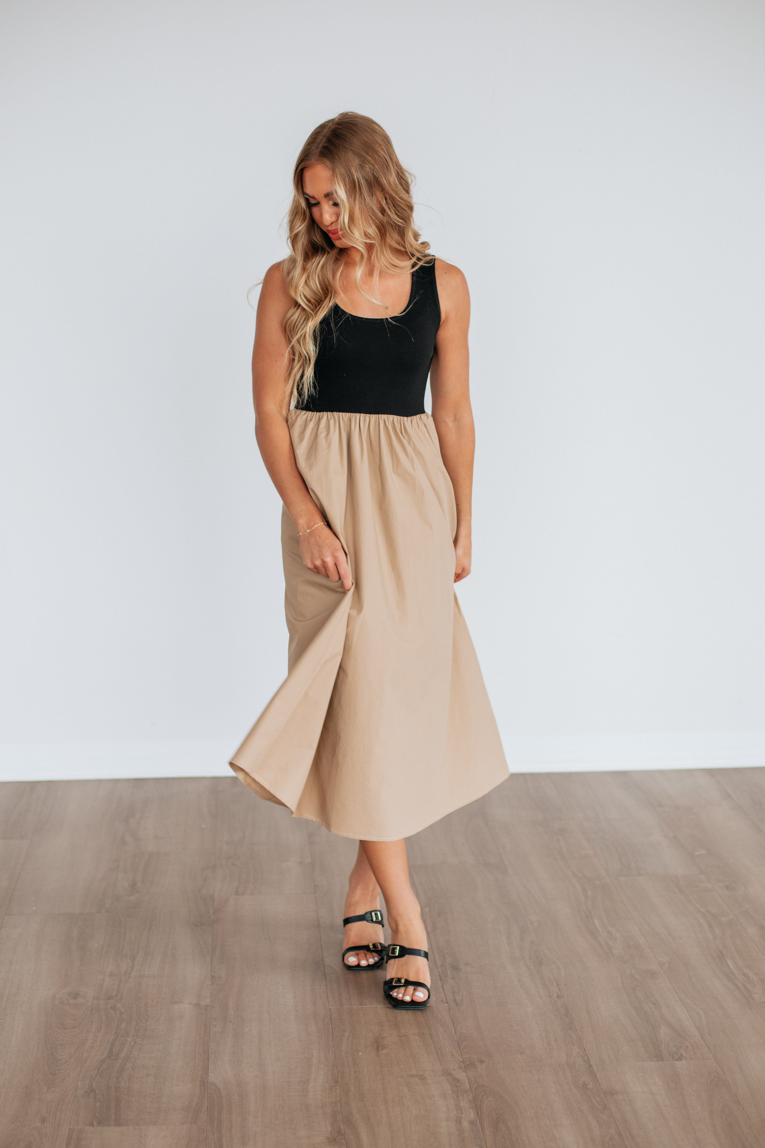 Enrica Contrast Dress in Camel Mix - Elegant Women's Fashion for Parties, Dates & Special Occasions