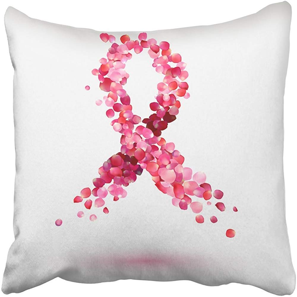 Pink Ribbon Breast Cancer Awareness Pillow Cover - 18x18 Inch Square Polyester Zippered Pillow Case with Rose Petals Print for Sofa, Couch & Bed Decor | Support Women's Health & Fight Against Cancer