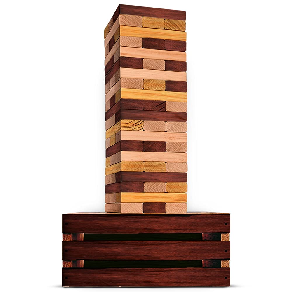 SWOOC Games - Reclaimed Giant Tower (Weather Resistant) 60 Blocks + Storage Crate | Outdoor Stacking Game for Adults & Families | Perfect for Backyard, Beach, and Camping Fun | Builds up to 5ft Tall