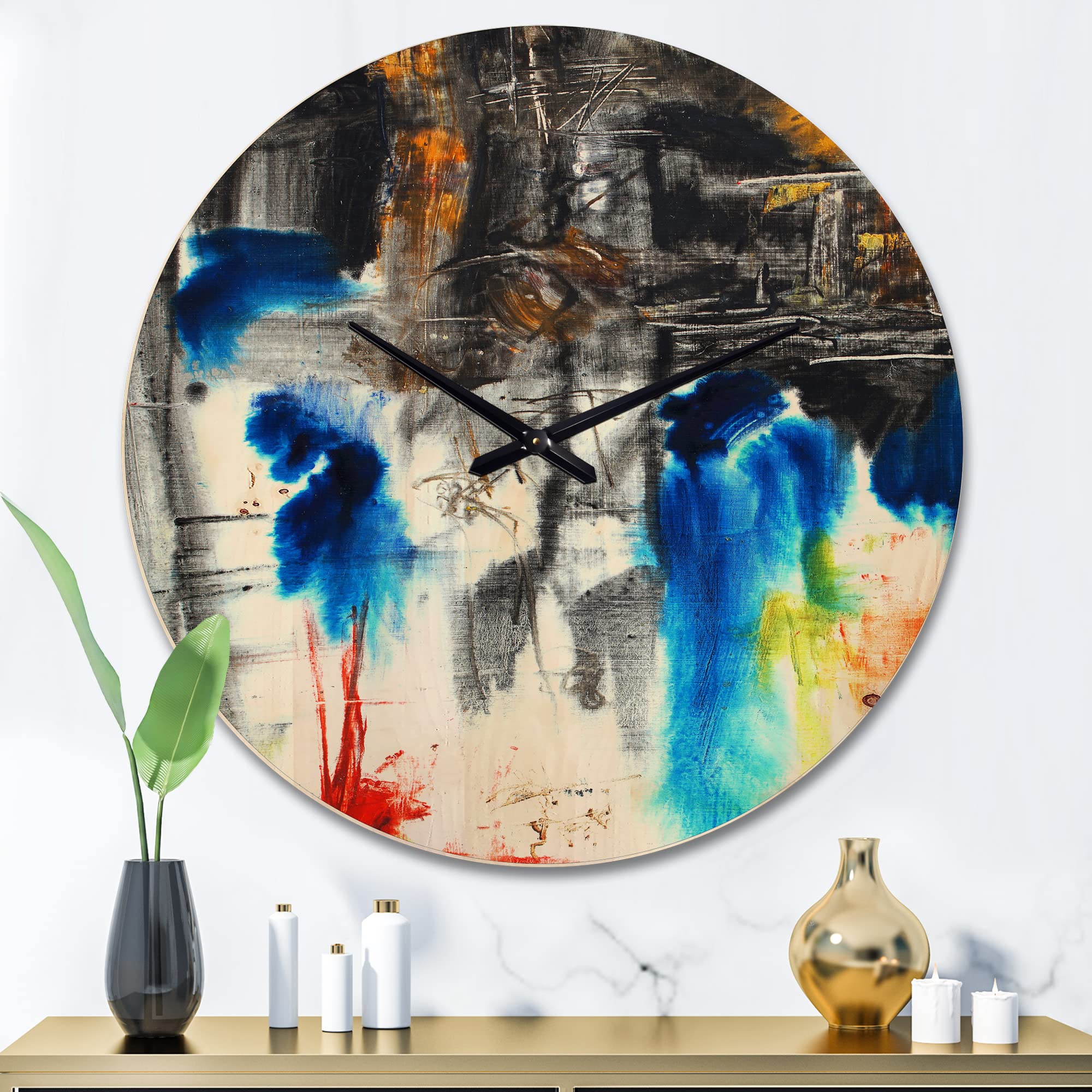 Modern Wood Wall Clock - Blue, Black & Yellow Pattern - Large Decorative Oversized Wooden Clock for Living Room, Bedroom & Office Décor - Perfect for Home, Office & Gifts