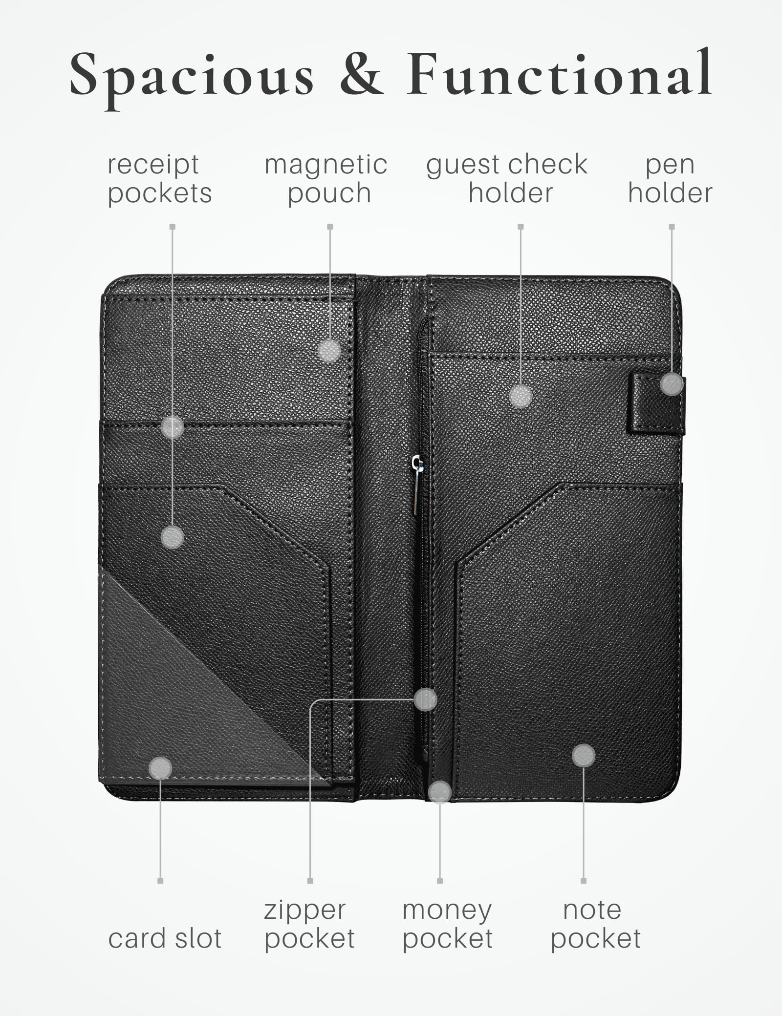 Premium Server Book with Zipper & Magnetic Pocket - Professional Waitress Check Booklet for Restaurants, Bars & Cafes - Fits Server Apron with High-Capacity Pockets - Ideal for Order Taking, Bill Presenting & Tip Collection (Black)