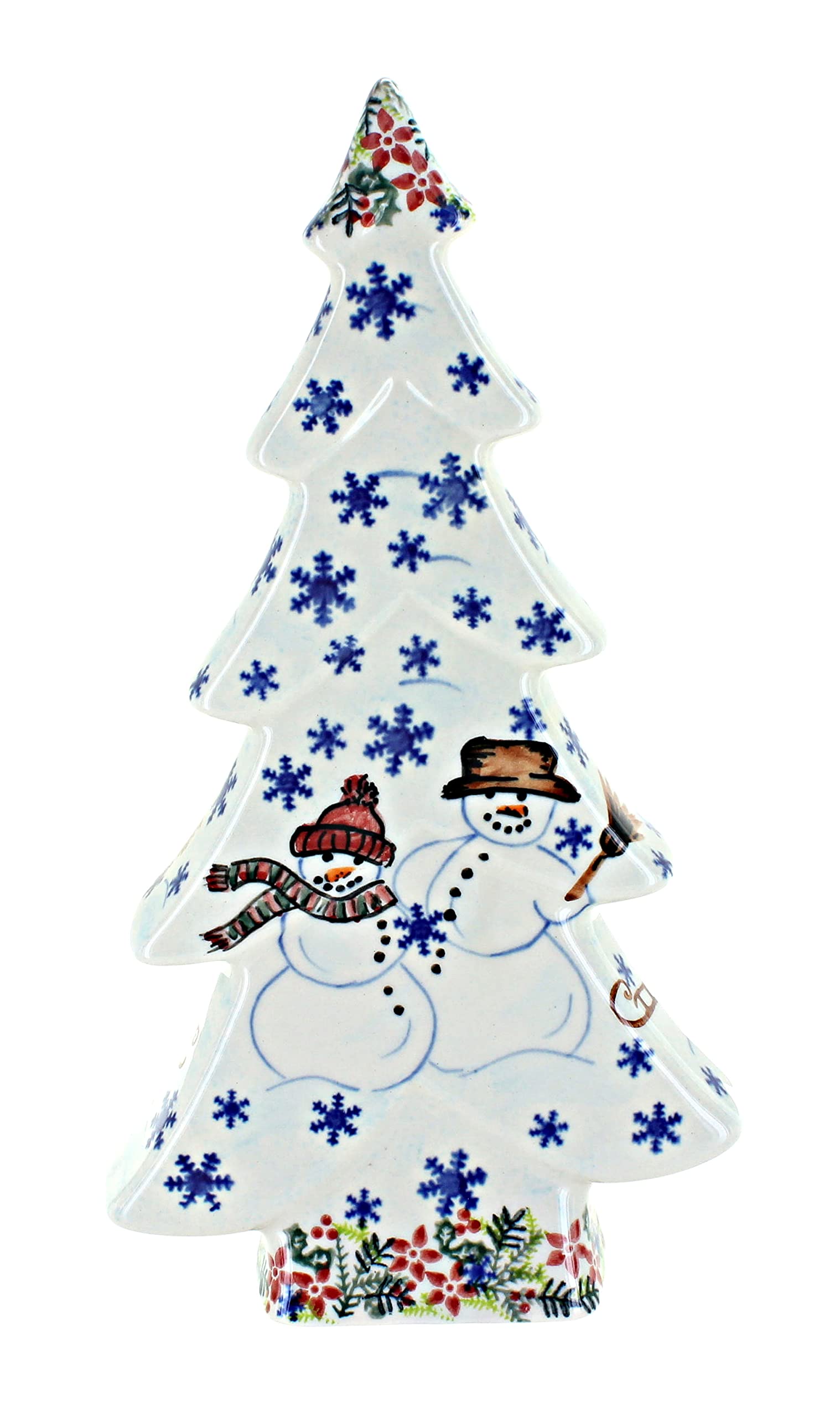Handmade Blue Rose Polish Pottery Snowflake Friends Flat Christmas Tree Ornament - Perfect for Holiday Decor, Gift Giving & Festive Home Decorations