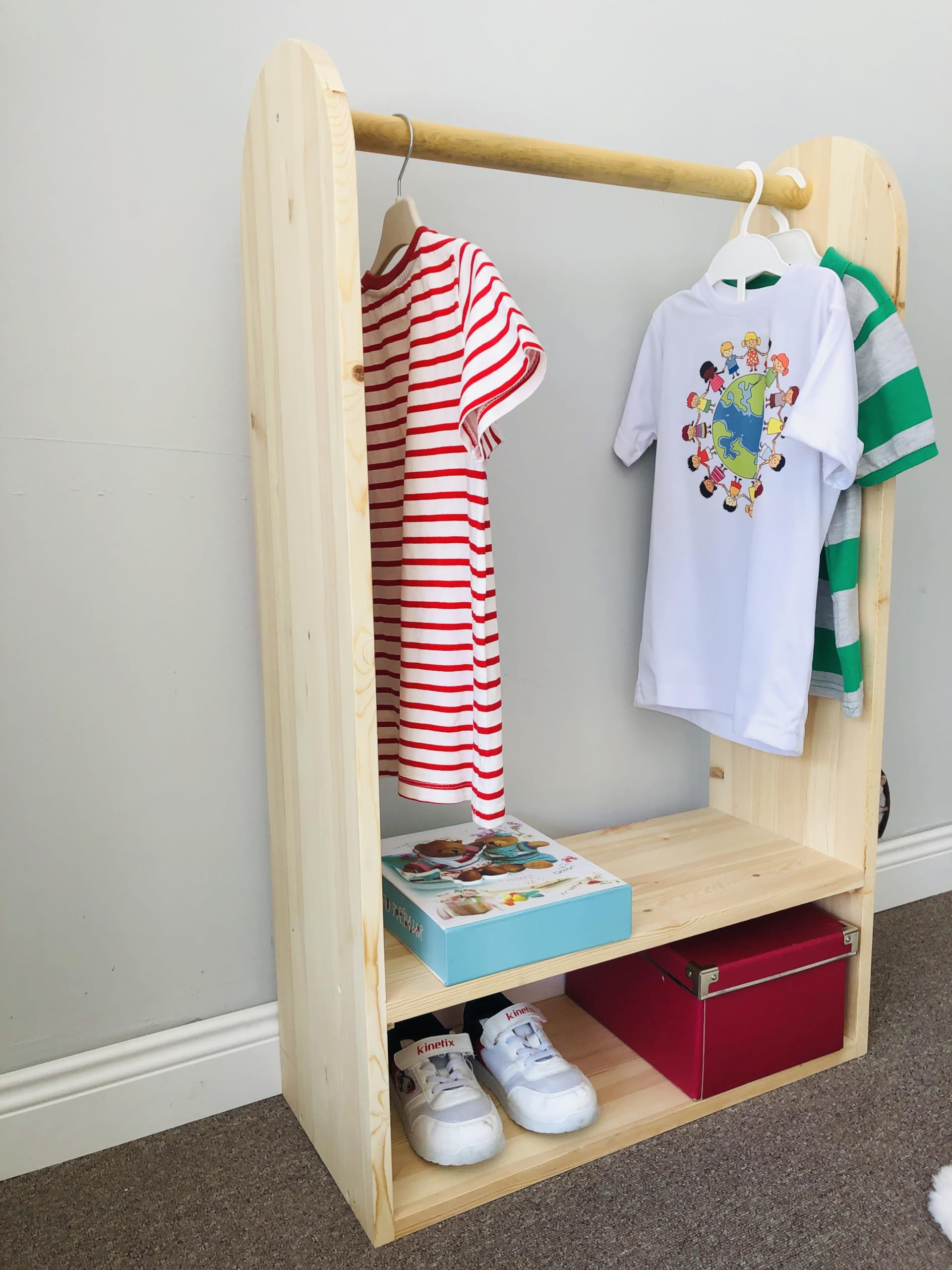 Montessori Dress Up Clothes Storage for Girls - Handmade Solid Pine Wood Wardrobe with Hanging Rod - Kids Clothing Rack & Toddler Garment Organizer for Bedroom - Perfect for Pretend Play & Nursery Organization