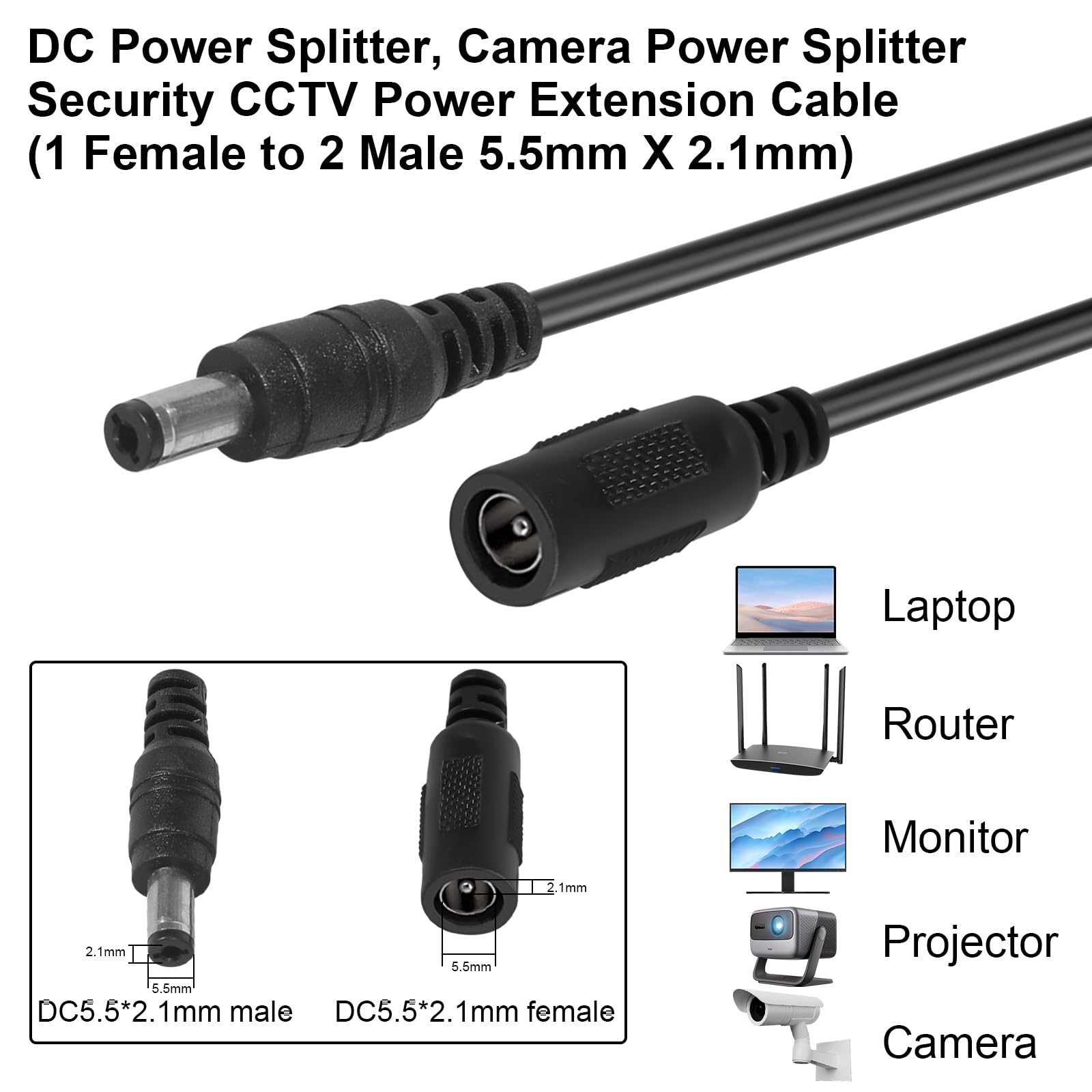 2-Pack Y Splitter DC Extension Cord - 1 Female to 2 Male 5.5mm x 2.1mm 12V Power Cable for Security Cameras, LED Strips, CCTV - 7.54ft - Perfect for Home Surveillance & DIY Lighting Projects