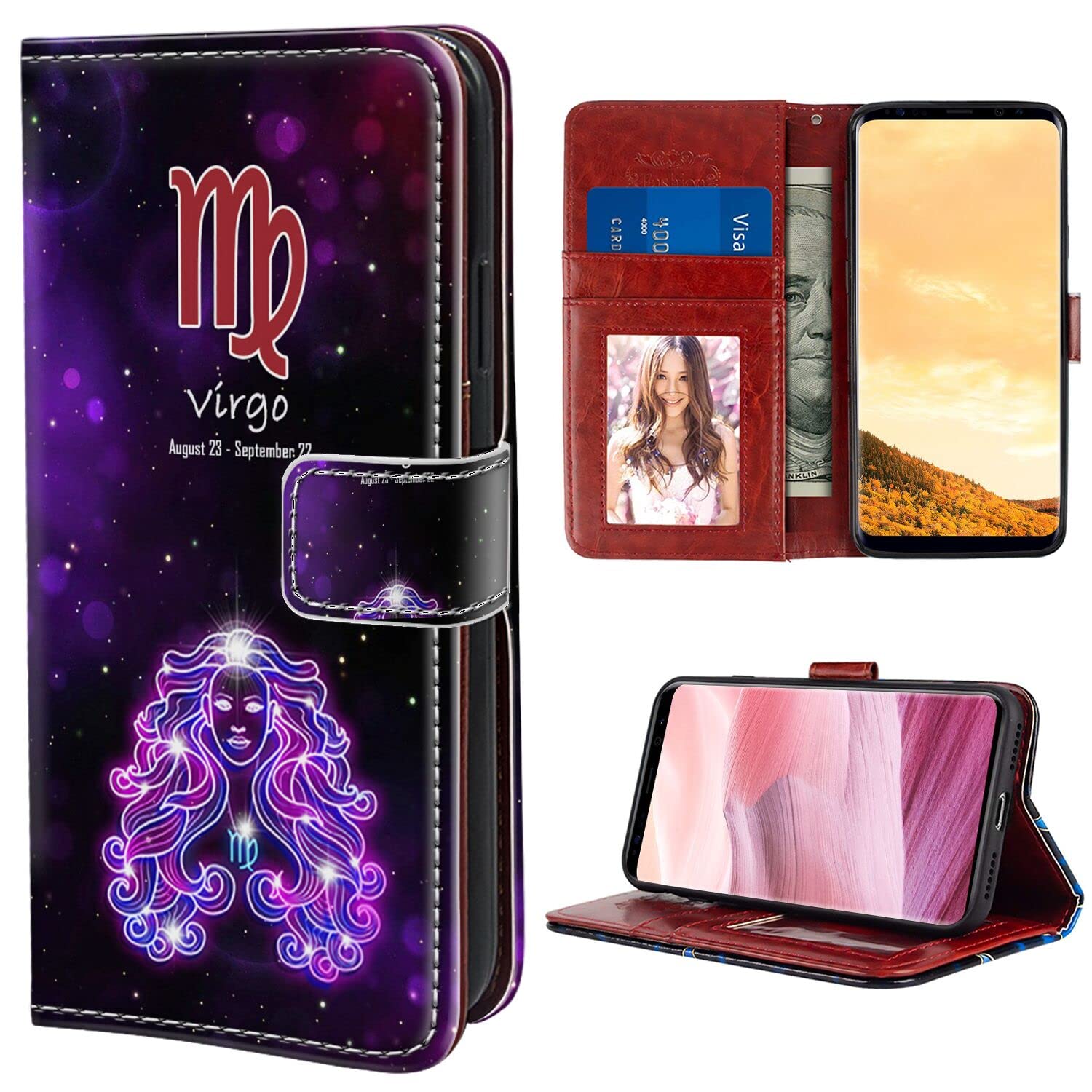 Galaxy S9 Wallet Case with Card Holder & Kickstand - PU Leather Phone Cover for Samsung Galaxy S9 (2018) - Zodiac Virgo Constellation Design with Wrist Strap | Perfect for Hands-Free Viewing, Secure Card Storage & Everyday Protection